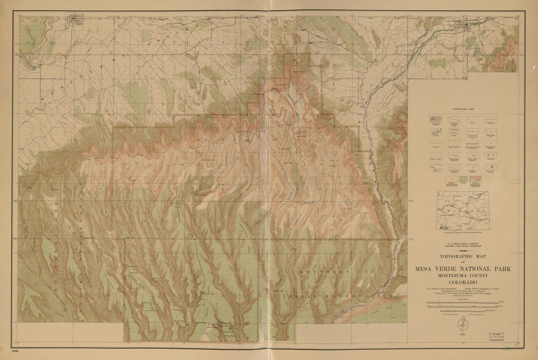 This old map of Topographic Map of Mesa Verde National Park : Montezuma County, Colorado from 1915 was created by Richard W. Berry, C. A. Ecklund,  Geological Survey (U.S.), R. B. Marshall, Sledge Tatum in 1915