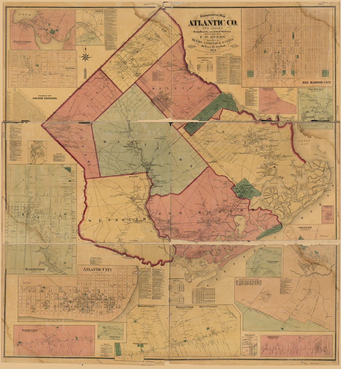 This old map of Topographical Map of Atlantic Co., New Jersey : from Recent and Actual Surveys from 1872 was created by Comstock & Cline Beers, F. W. (Frederick W.) Beers, Chas. (Charles) Hart, Louis E. Neumann in 1872
