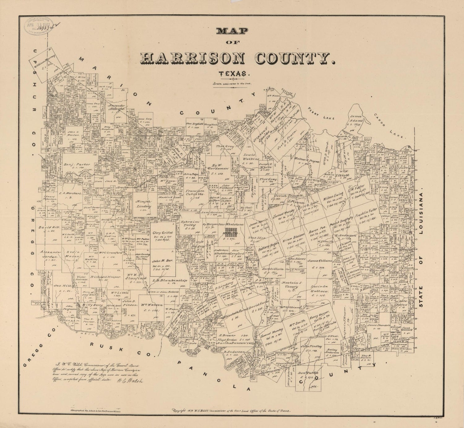 This old map of Map of Harrison County, Texas from 1879 was created by  August Gast &amp; Co,  Texas. General Land Office, W. C. (William C.) Walsh in 1879