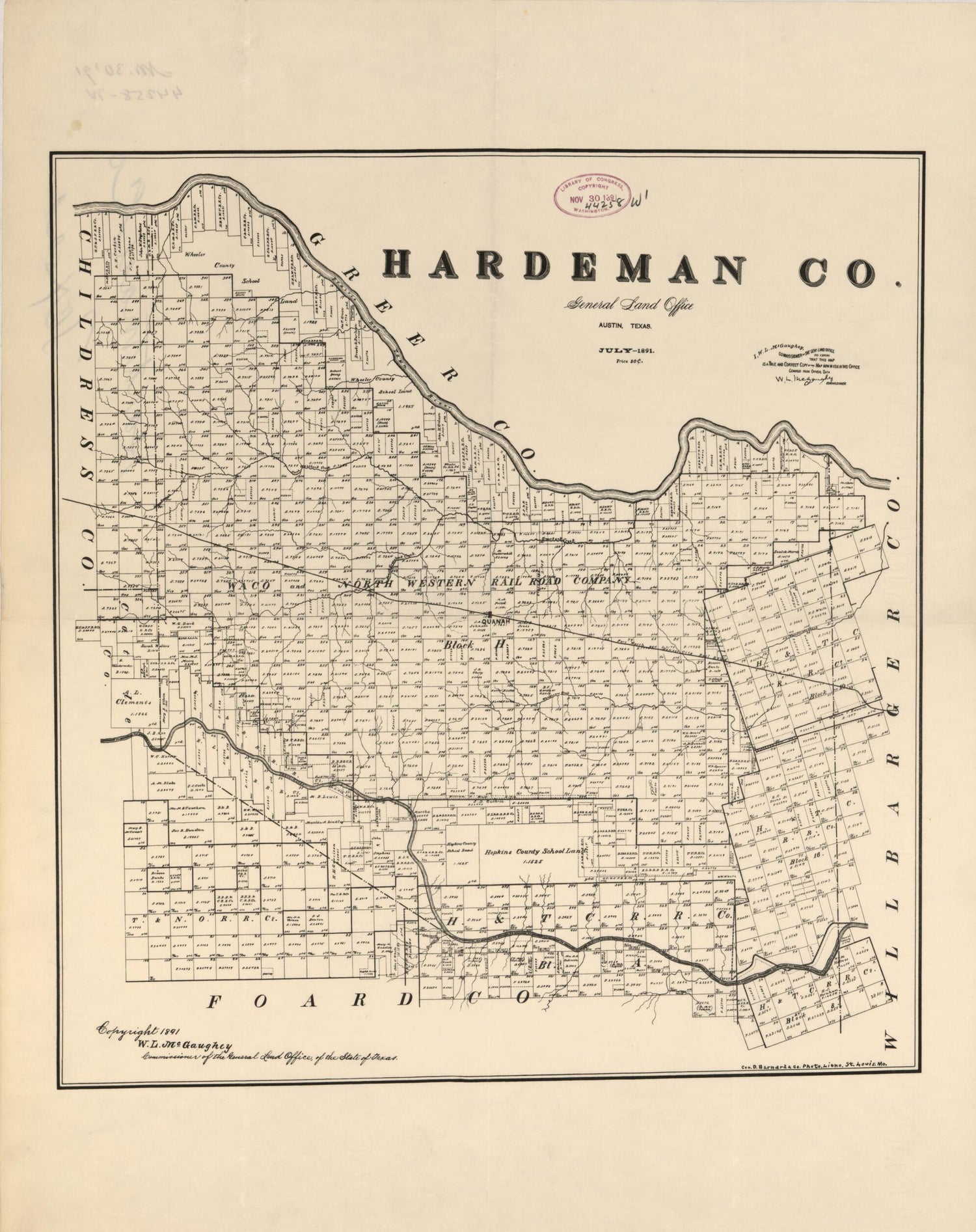 This old map of Hardeman Co. (Hardeman County, Texas) from 1891 was created by W. L. McGaughey,  Texas. General Land Office in 1891