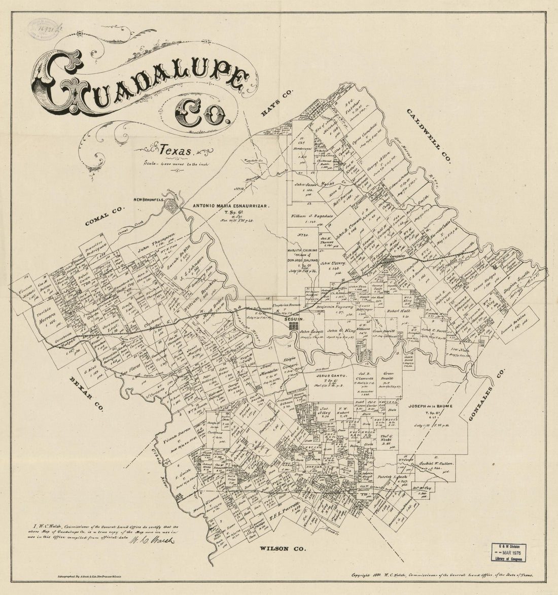 This old map of Guadalupe Co., Texas. (Guadalupe County, Texas) from 1880 was created by  August Gast &amp; Co,  Texas. General Land Office, W. C. (William C.) Walsh in 1880