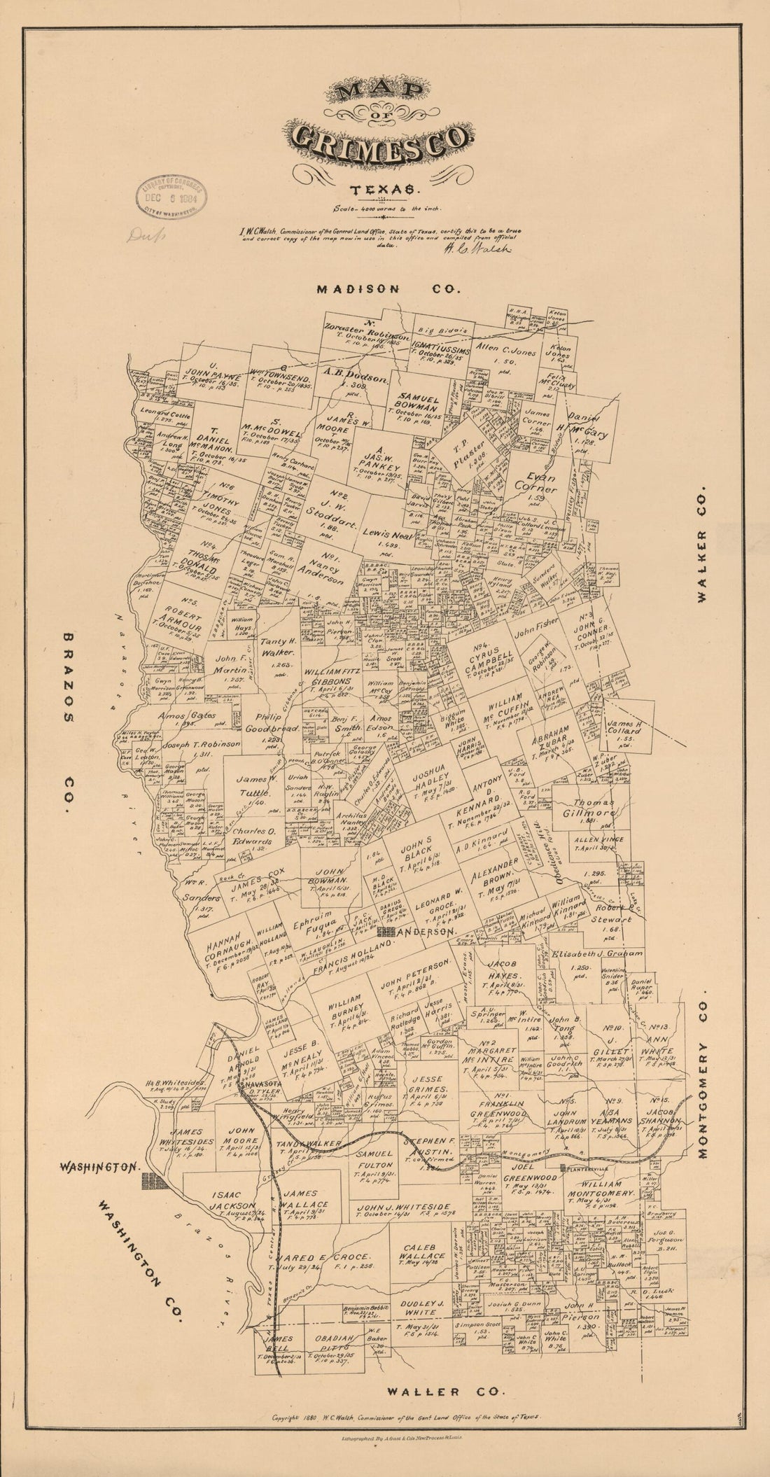 This old map of Map of Grimes Co., Texas. (Map of Grimes County, Texas) from 1880 was created by  August Gast &amp; Co,  Texas. General Land Office, W. C. (William C.) Walsh in 1880