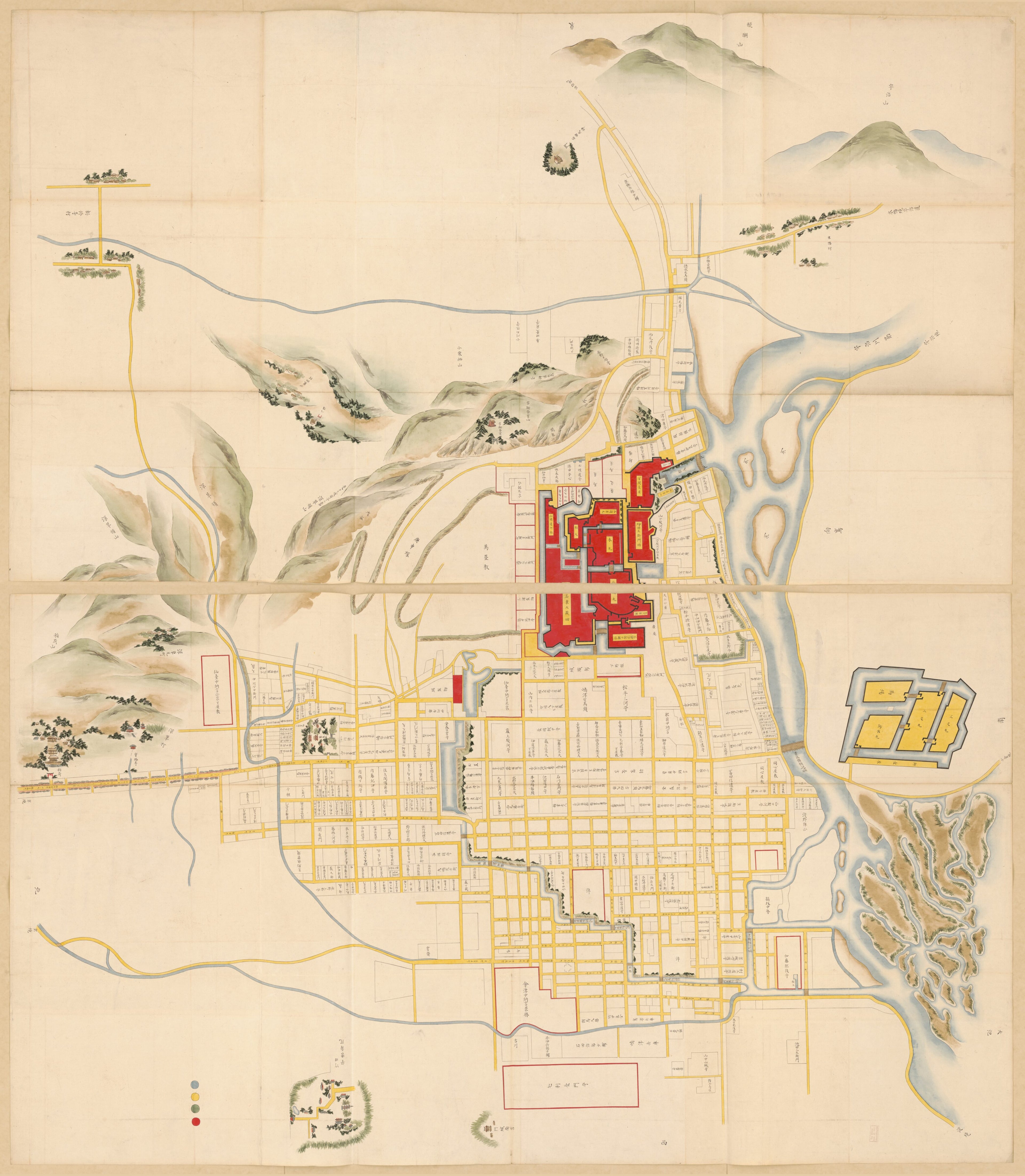 This old map of Fushimi Jōka Machiezu. (伏見城下町絵図) from 1595 was created by  in 1595