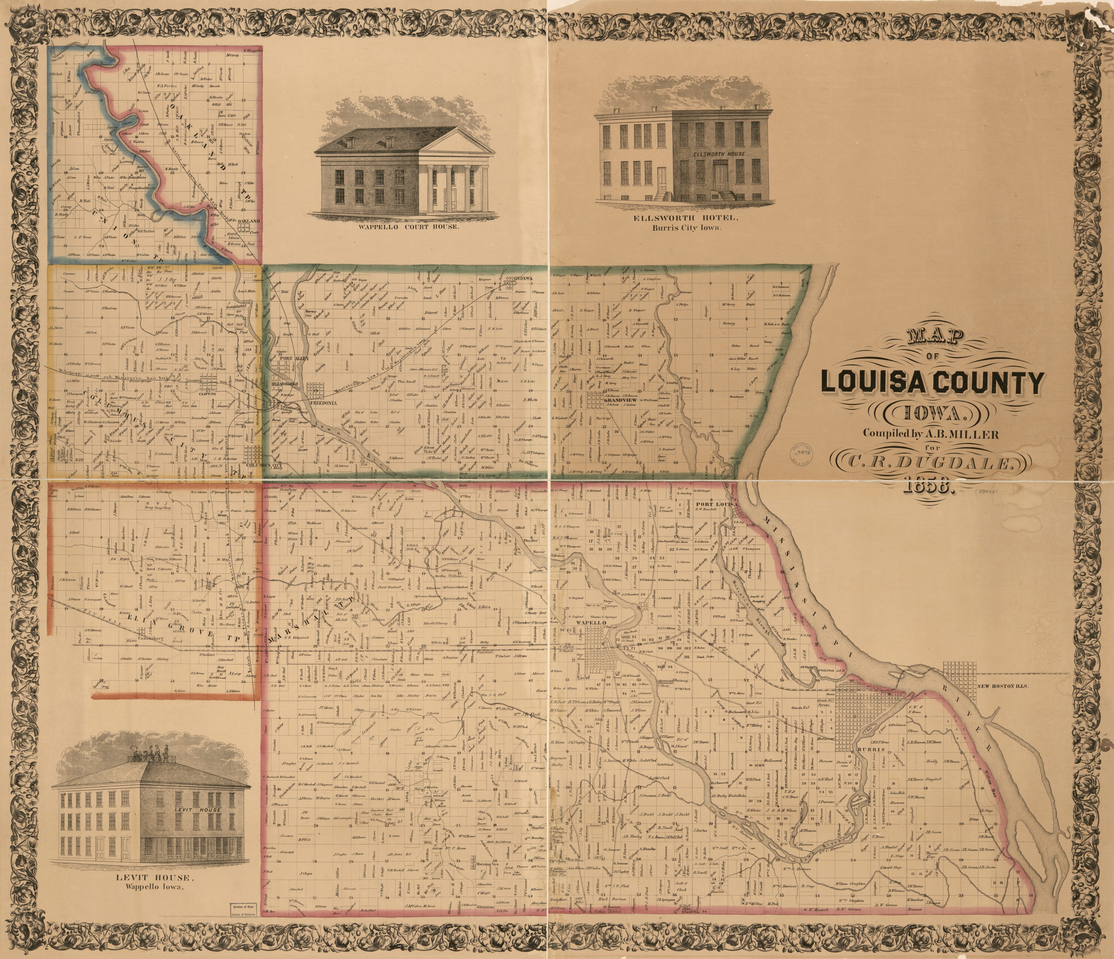 This old map of Map of Louisa County, Iowa from 1858 was created by A. B. Miller in 1858