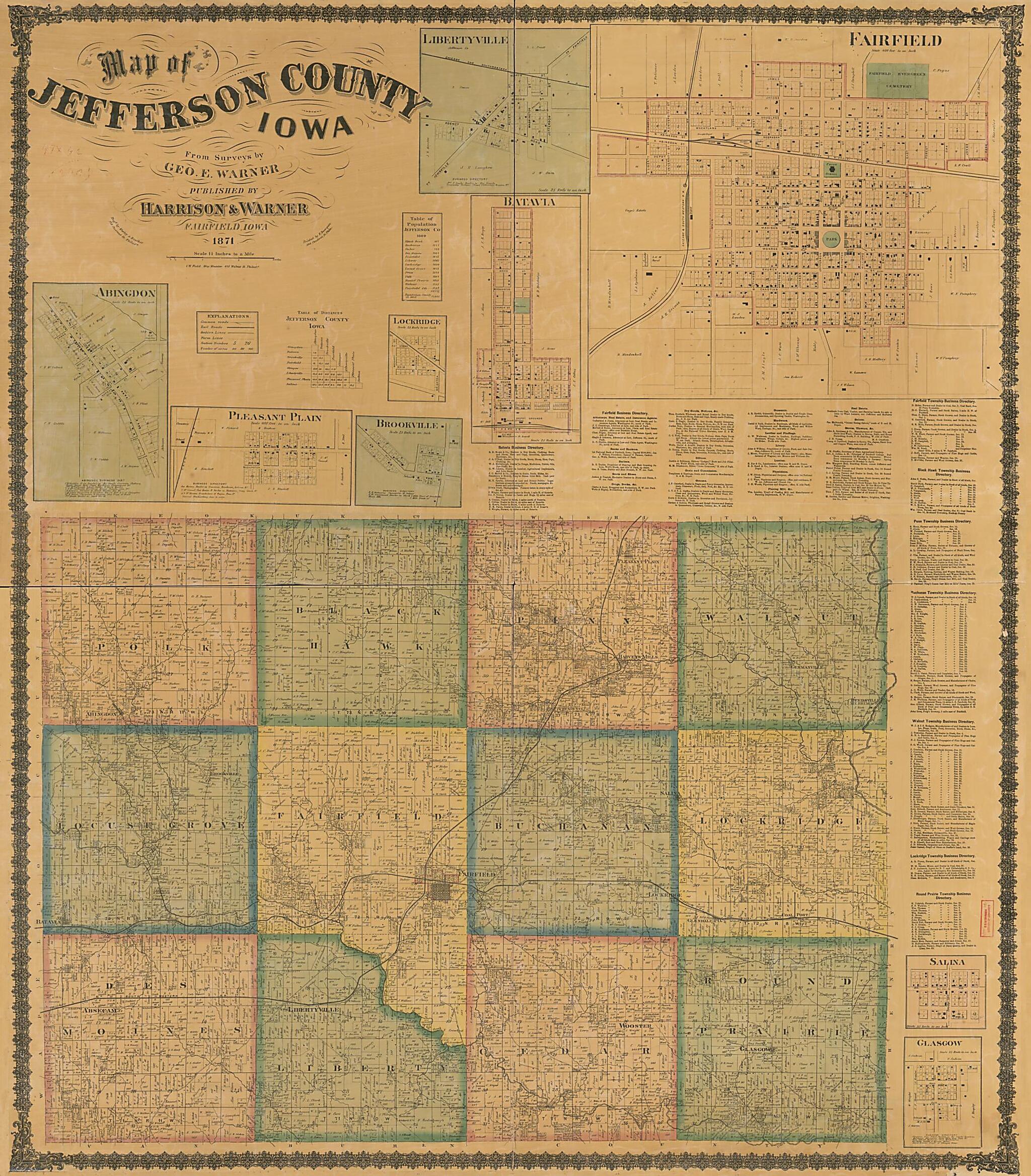 This old map of Map of Jefferson County, Iowa from 1871 was created by George E. Warner,  Worley &amp; Bracher in 1871