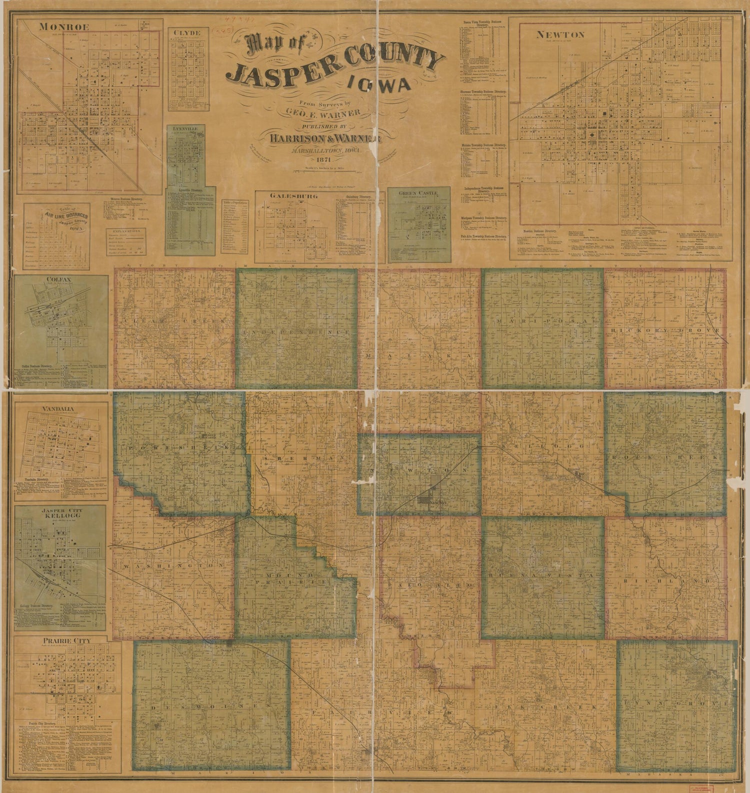 This old map of Map of Jasper County, Iowa from 1871 was created by George E. Warner,  Worley &amp; Bracher in 1871
