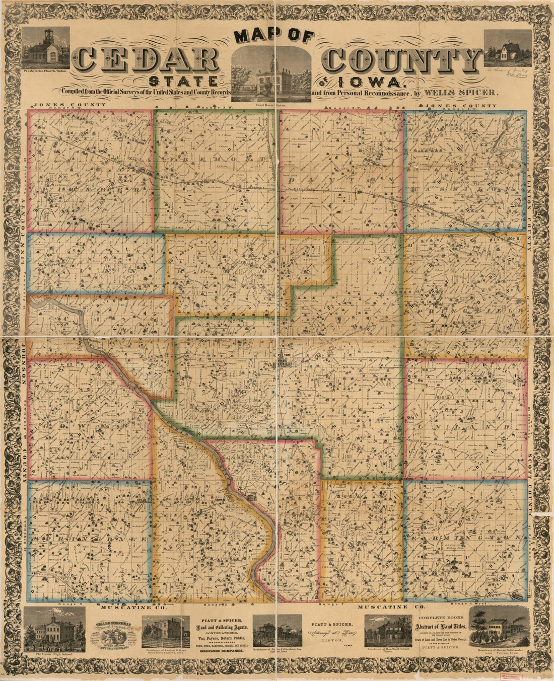 This old map of Map of Cedar County, State of Iowa from 1863 was created by Wells Spicer in 1863