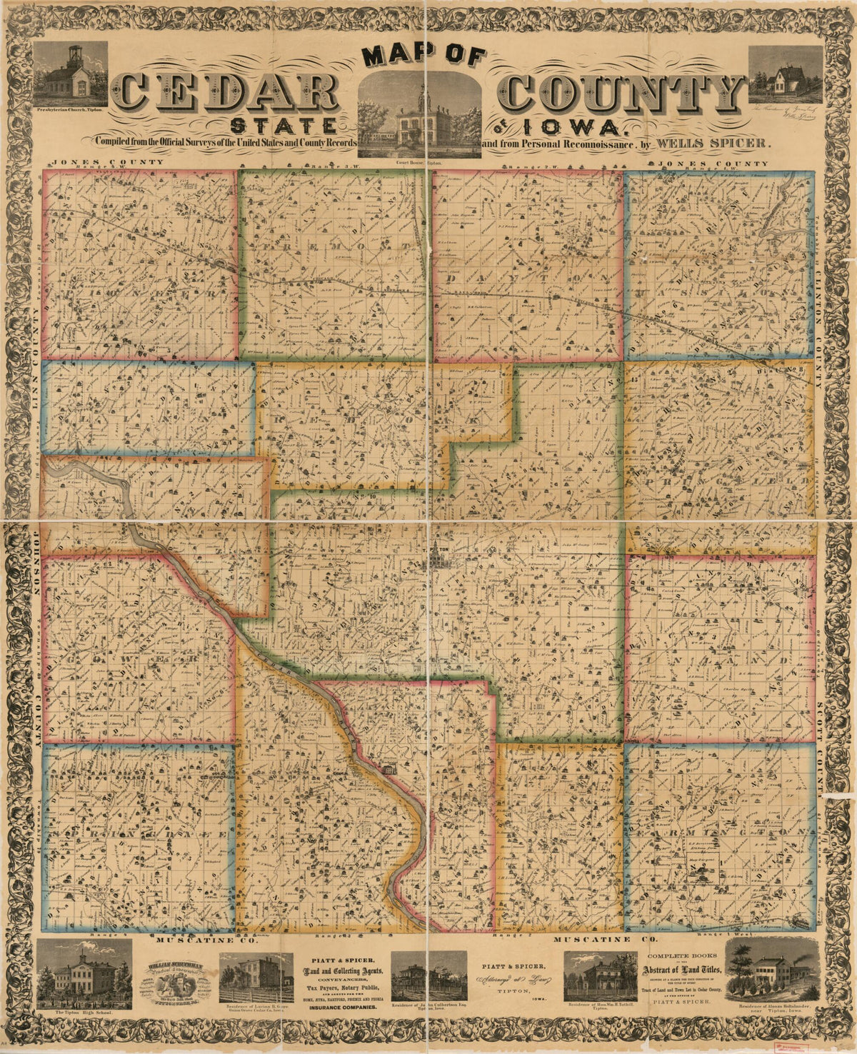 Map of Cedar County, State of Iowa 1863 by Relic Map Company