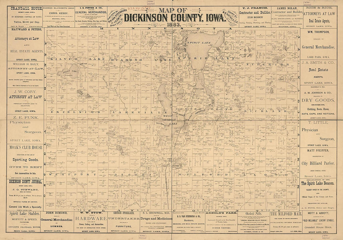 This old map of Map of Dickinson County, Iowa from 1883 was created by M. B. Haynes in 1883