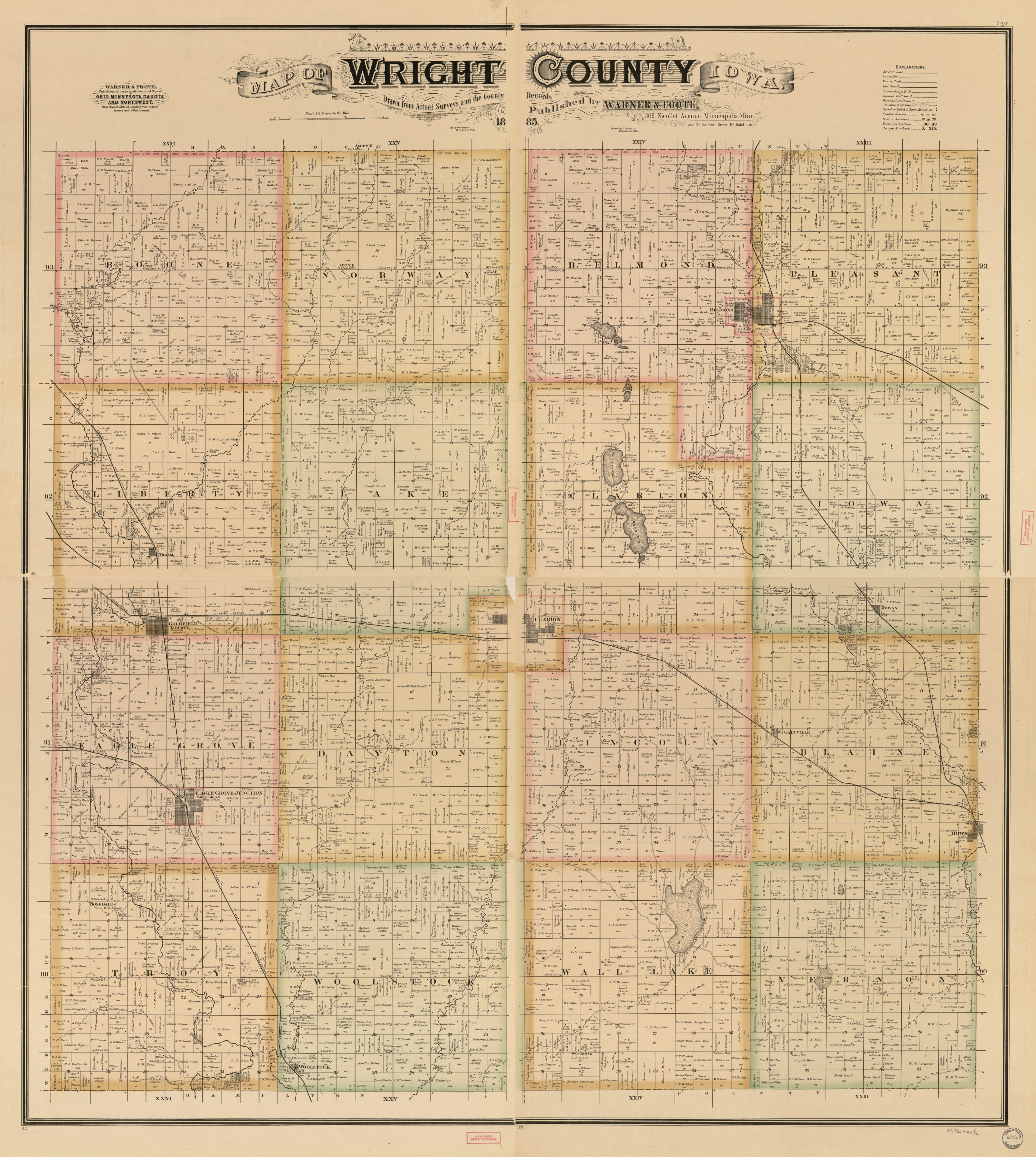 This old map of Map of Wright County, Iowa from 1885 was created by Wm. (William) Bracher,  F. Bourquin &amp; Co,  Warner &amp; Foote in 1885