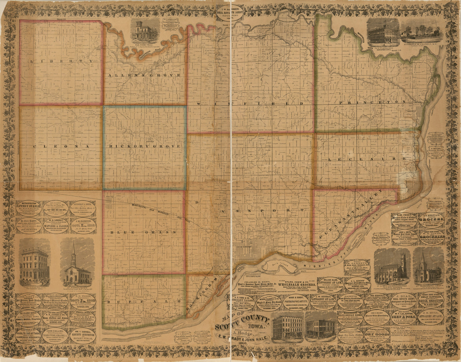 This old map of Map of Scott County, Iowa from 1860 was created by A. Hodge in 1860