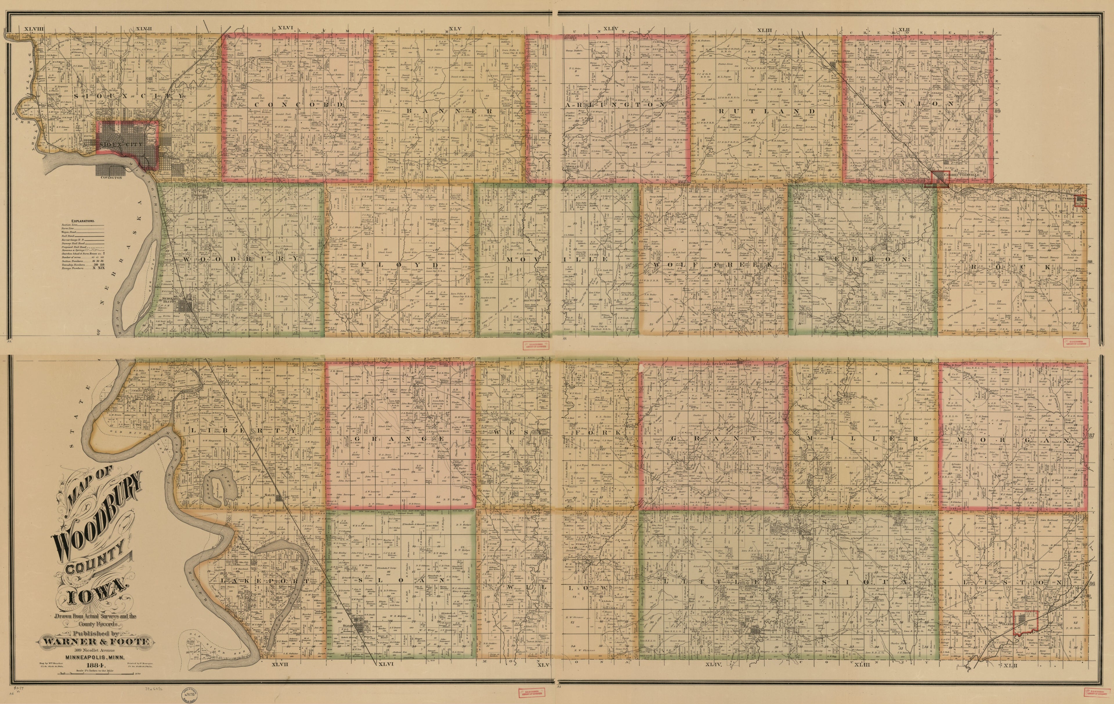 This old map of Map of Woodbury County, Iowa from 1884 was created by Wm. (William) Bracher,  F. Bourquin &amp; Co,  Warner &amp; Foote in 1884