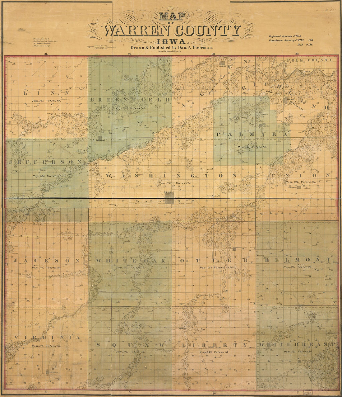 This old map of Map of Warren County, Iowa from 1859 was created by Dan A. Poorman in 1859