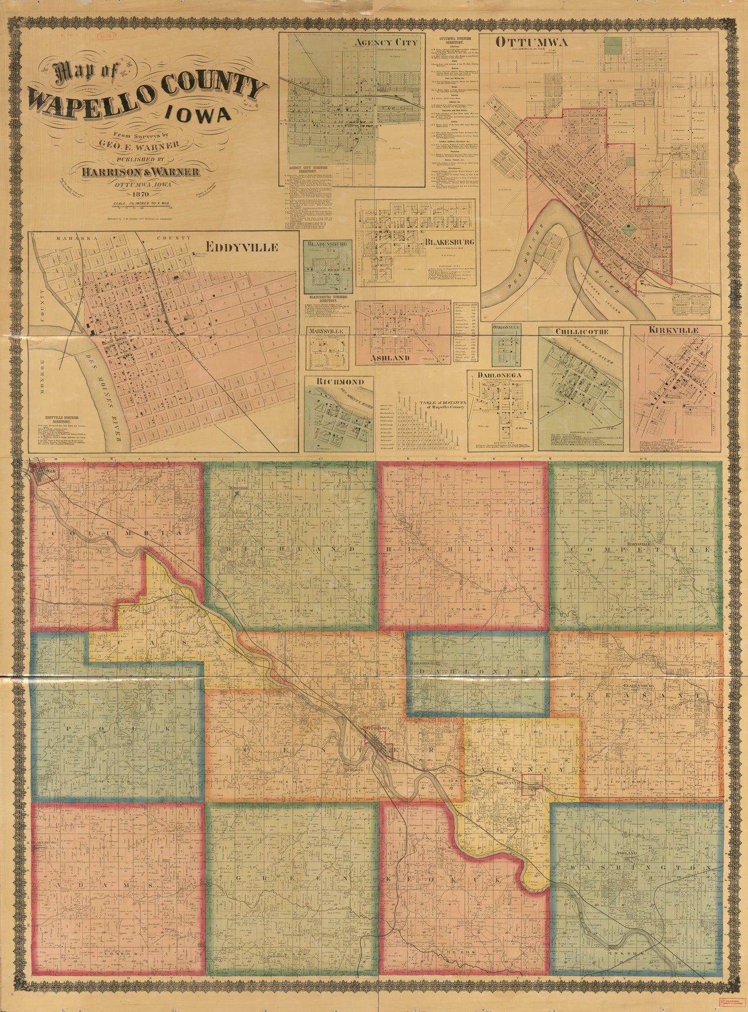 This old map of Map of Wapello County, Iowa from 1870 was created by  F. Bourquin &amp; Co,  Harrison &amp; Warner, George E. Warner,  Worley &amp; Bracher in 1870