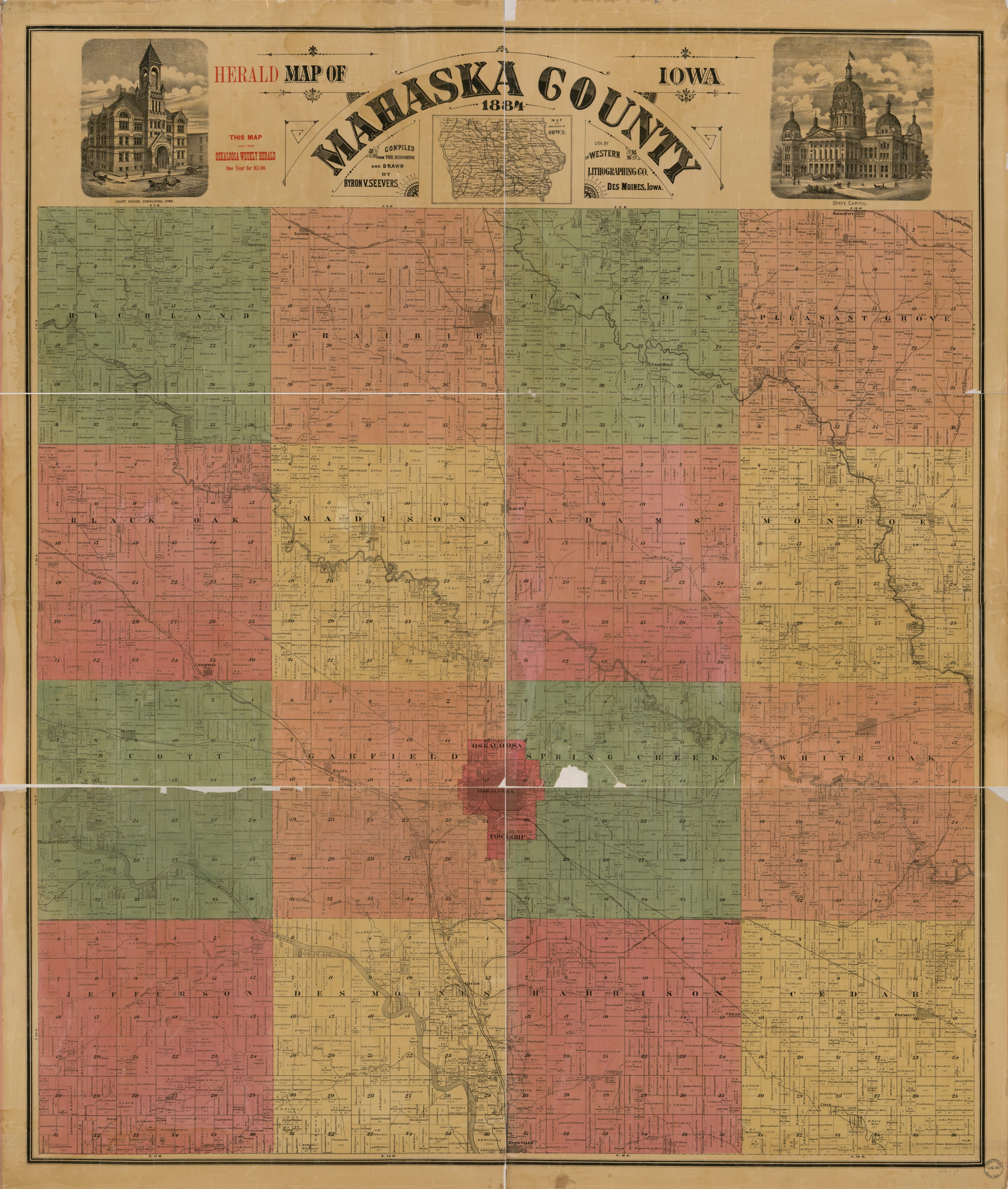 This old map of Herald Map of Mahaska County, Iowa from 1884 was created by Byron V. Seevers in 1884