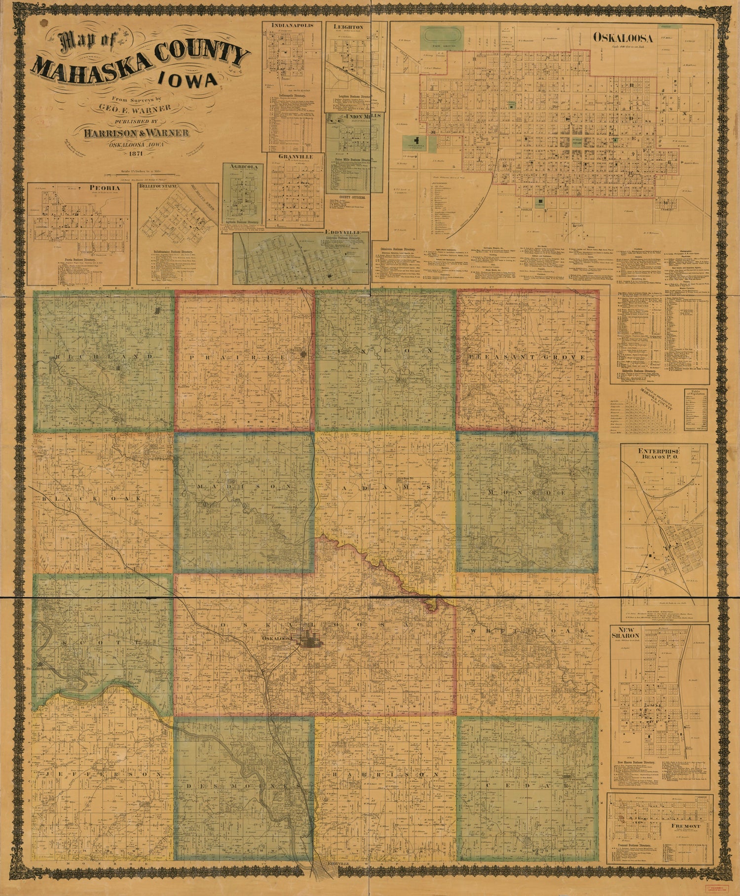This old map of Map of Mahaska County, Iowa from 1871 was created by  F. Bourquin &amp; Co,  Harrison &amp; Warner, George E. Warner,  Worley &amp; Bracher in 1871
