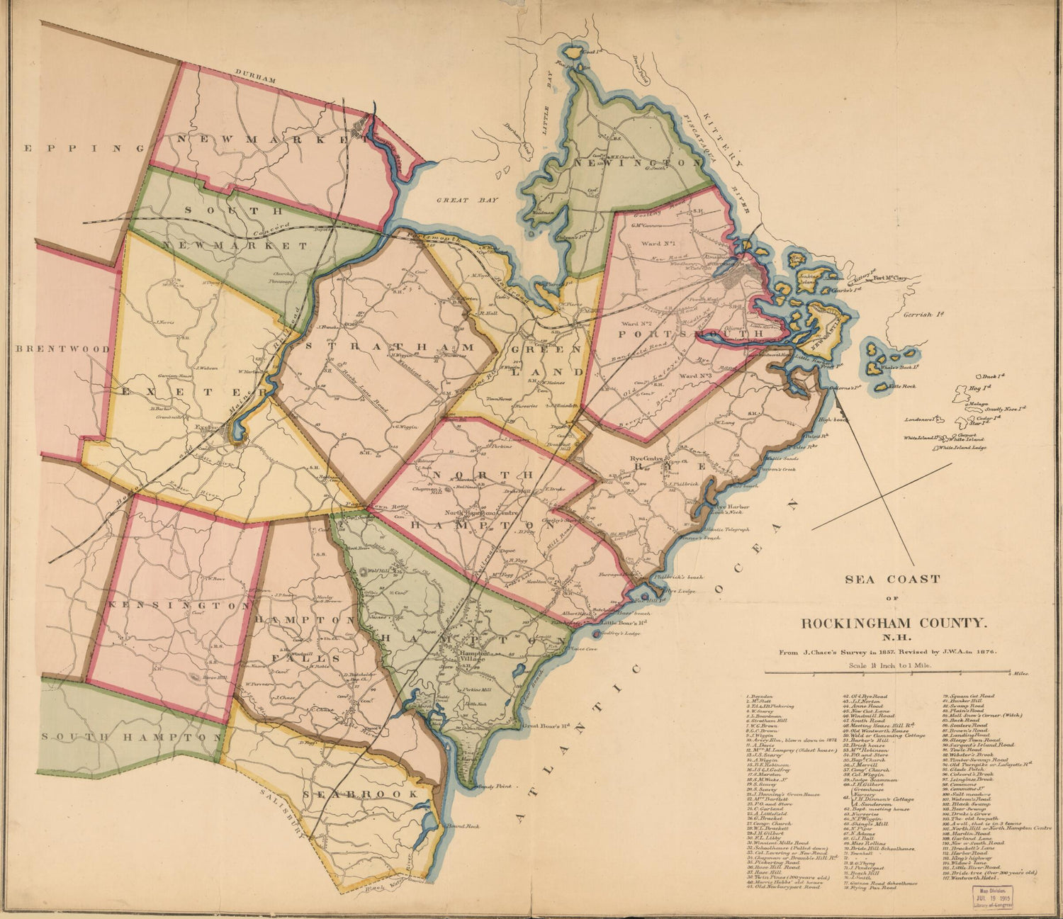 This old map of Sea Coast of Rockingham County, New Hampshire (Map of Rockingham County, N.H.) from 1876 was created by J. Chace in 1876