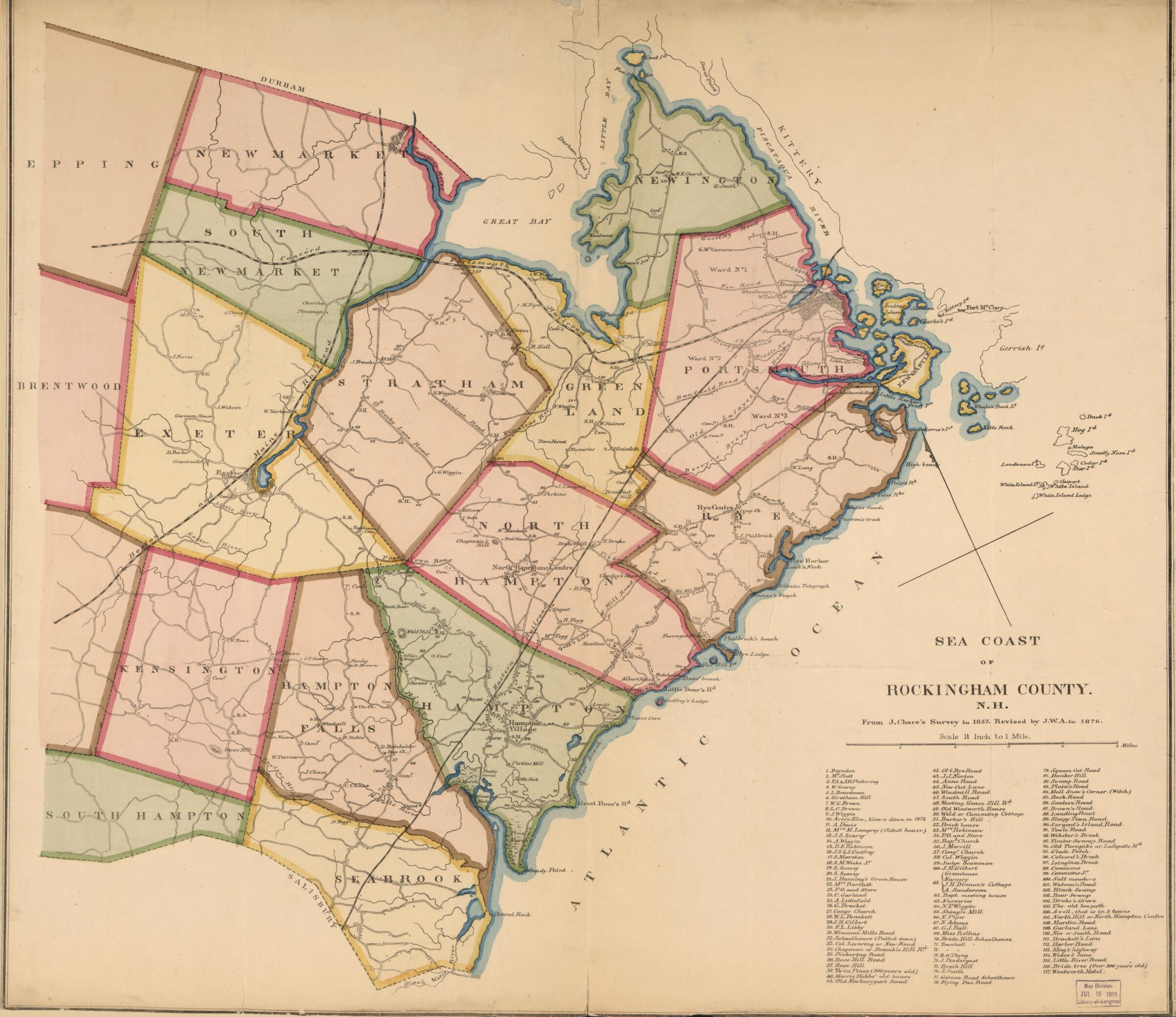 This old map of Sea Coast of Rockingham County, New Hampshire (Map of Rockingham County, N.H.) from 1876 was created by J. Chace in 1876