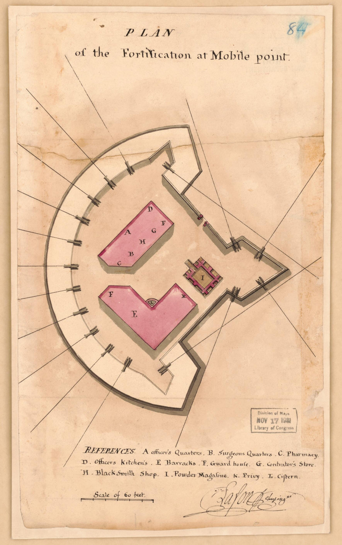 This old map of Plan of the Fortification at Mobile Point from 1813 was created by Barthélémy Lafon,  United States. War Department. Office of the Chief of Engineers in 1813
