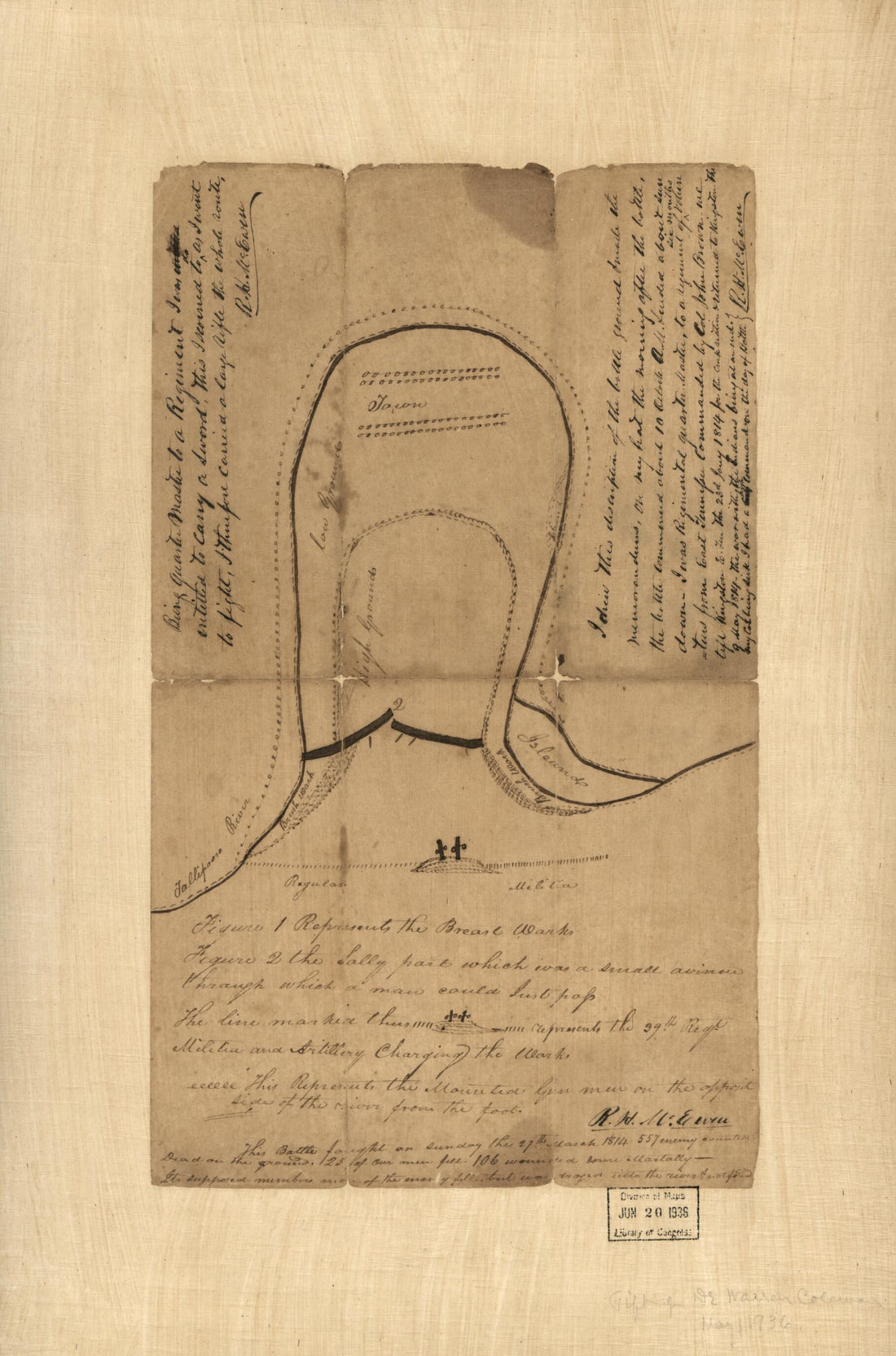 This old map of Sketch Map of the Battle of Horseshoe Bend of Tallapoosa River, 27th March from 1814 was created by R. H. (Robert Houston) McEwen in 1814