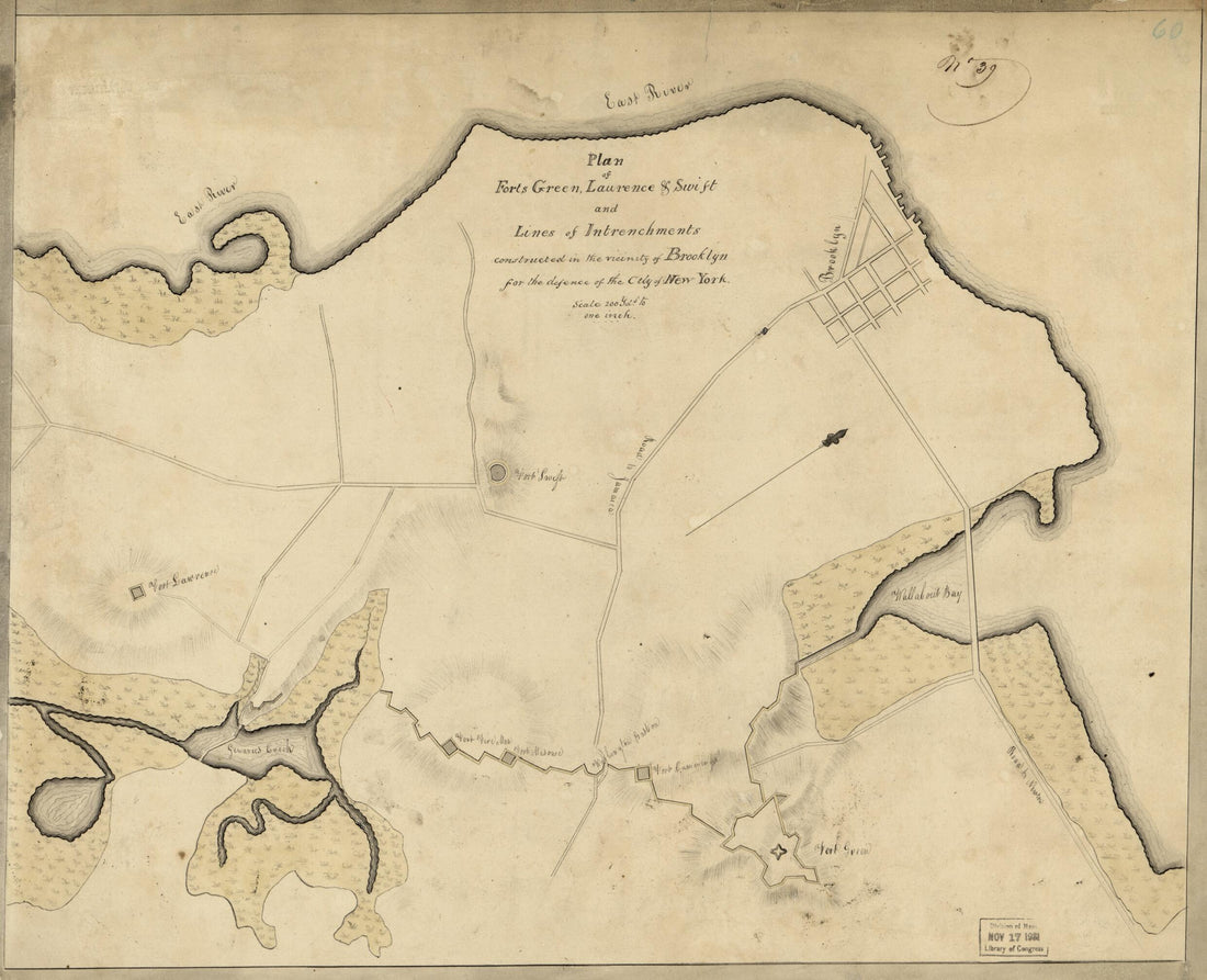 This old map of Plan of Forts Green, Laurence &amp; Swift and Lines of Intrenchments Constructed In the Vicinity of Brooklyn for the Defence of the City of New York from 1814 was created by  United States. War Department. Office of the Chief of Engineers in 