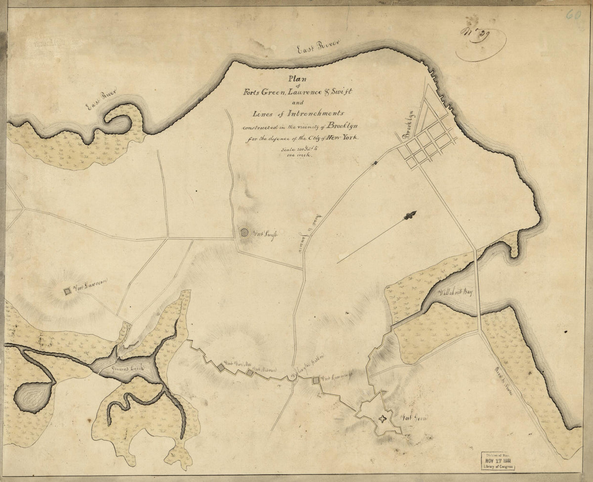 Plan of Forts Green, Laurence &amp; Swift and Lines of Intrenchments Constructed In the Vicinity of Brooklyn for the Defence of the City of New York 1814 by Relic Map Company