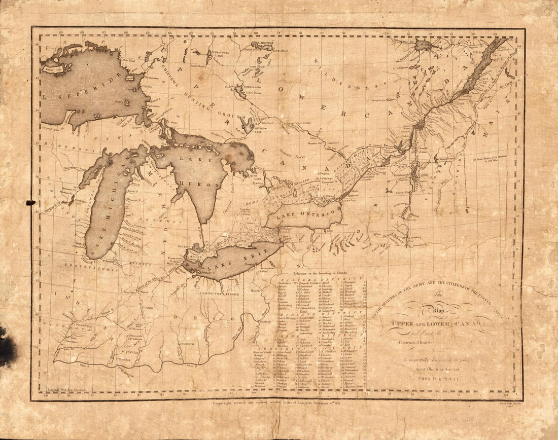 This old map of To the Officers of the Army and the Citizens of the United States This Map of Upper and Lower Canada and United States Contigious : Contracted from the Manuscript Survey of P.F. Tardieu from 1812 was created by Thomas Kensett, P. F. (Pier