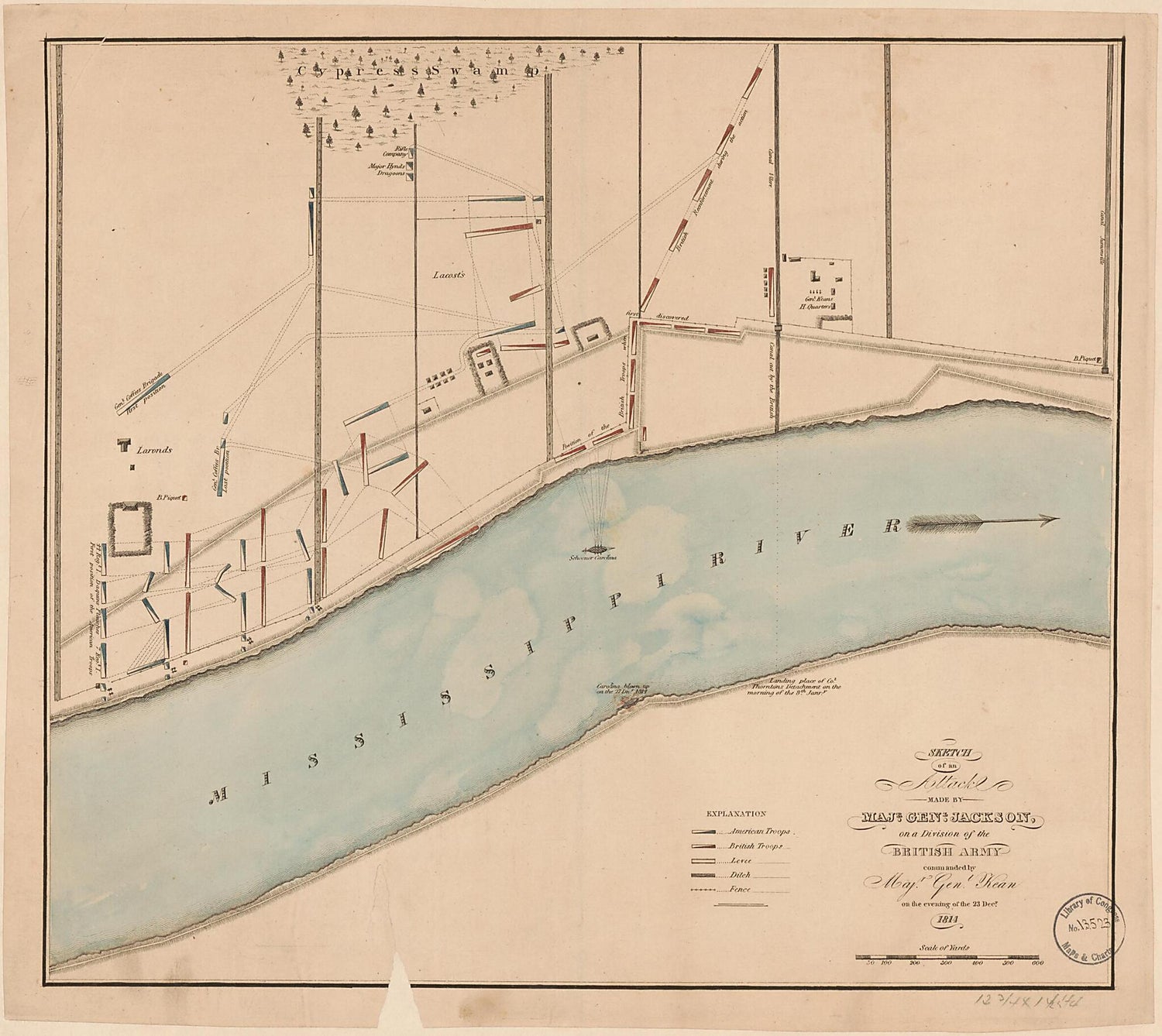 This old map of Sketch of an Attack Made by Majr. Genl. Jackson On a Division of the British Army Commanded by Majr. Genl. Kean On the Evening of the 23 Decr. from 1814 was created by Andrew Jackson, John Keane in 1814