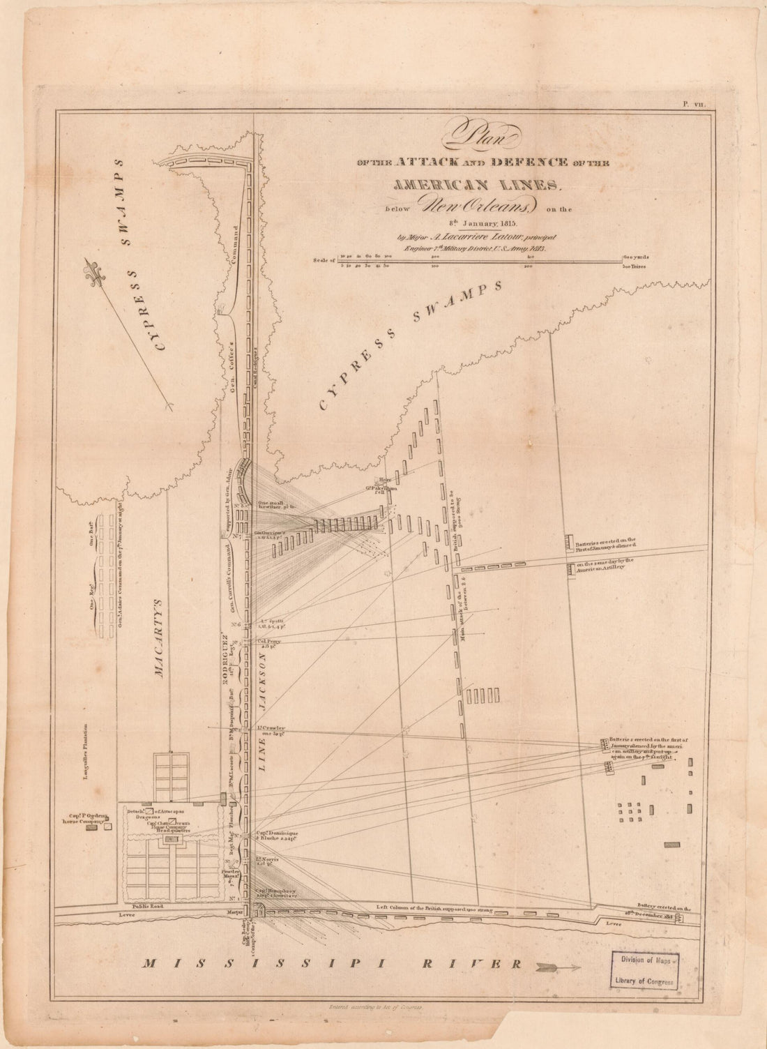 This old map of Plan of the Attack and Defence of the American Lines Below New Orleans On the 8th January from 1815 was created by Arsène Lacarrière Latour in 1815