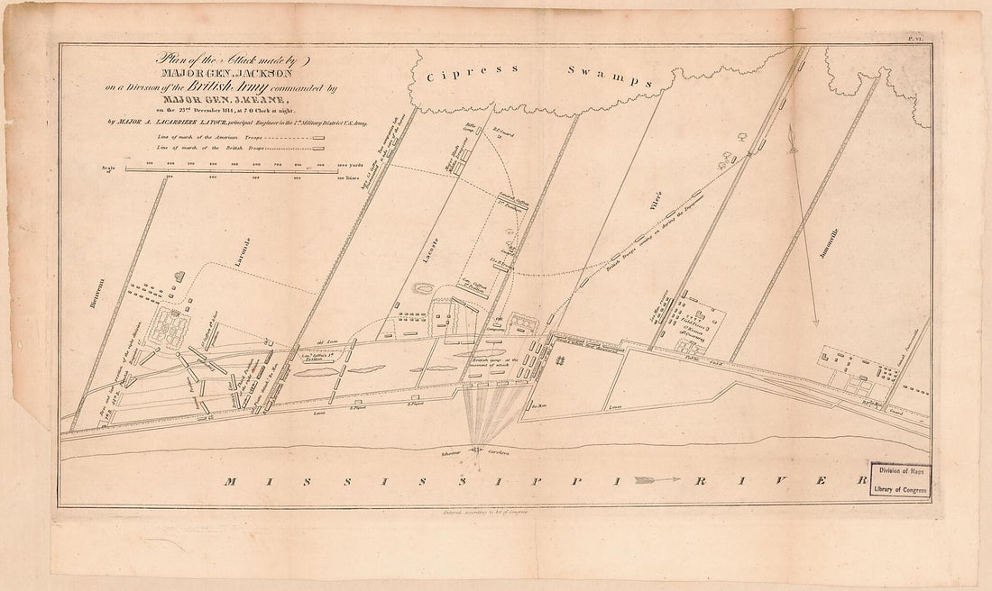 This old map of Plan of the Attack Made by Major Gen. Jackson On a Division of the British Army Commanded by Major Gen J. Keane On the 23rd December from 1814 at 7 O&