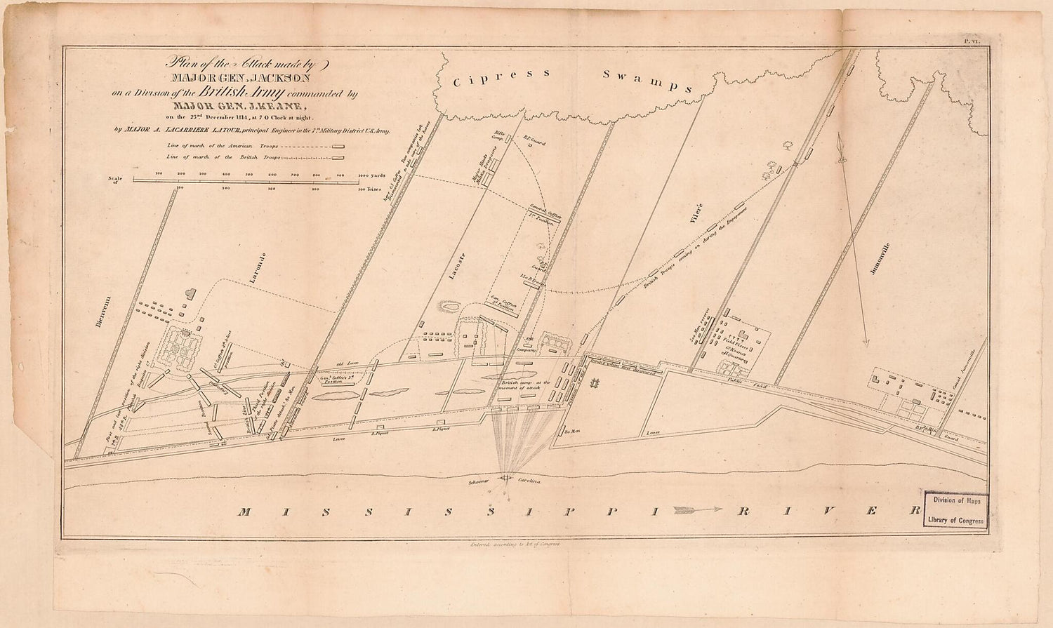 This old map of Plan of the Attack Made by Major Gen. Jackson On a Division of the British Army Commanded by Major Gen J. Keane On the 23rd December from 1814 at 7 O&