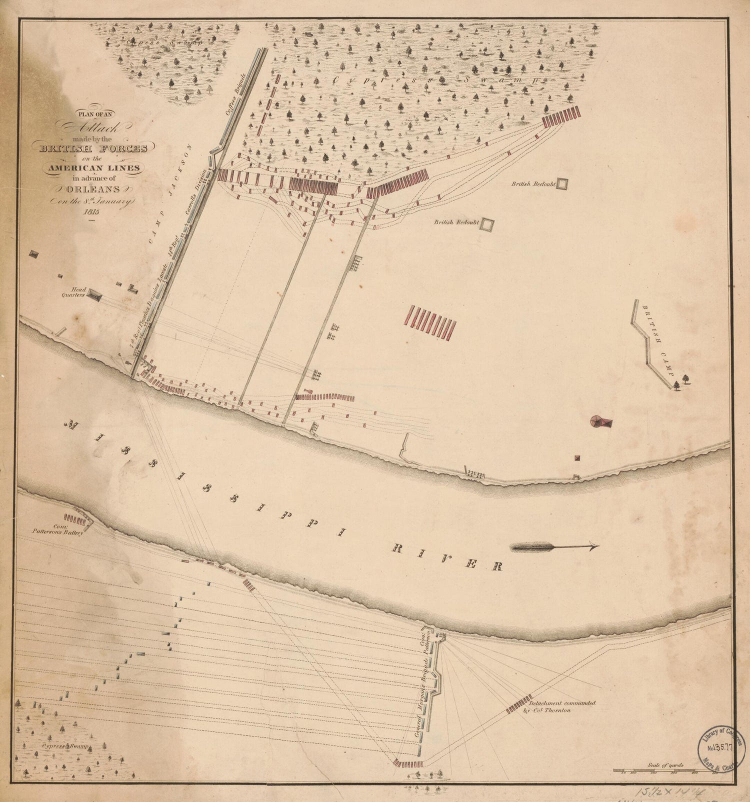 This old map of Plan of an Attack Made by the British Forces On the American Lines In Advance of Orleans On the 8th January from 1815 was created by  in 1815