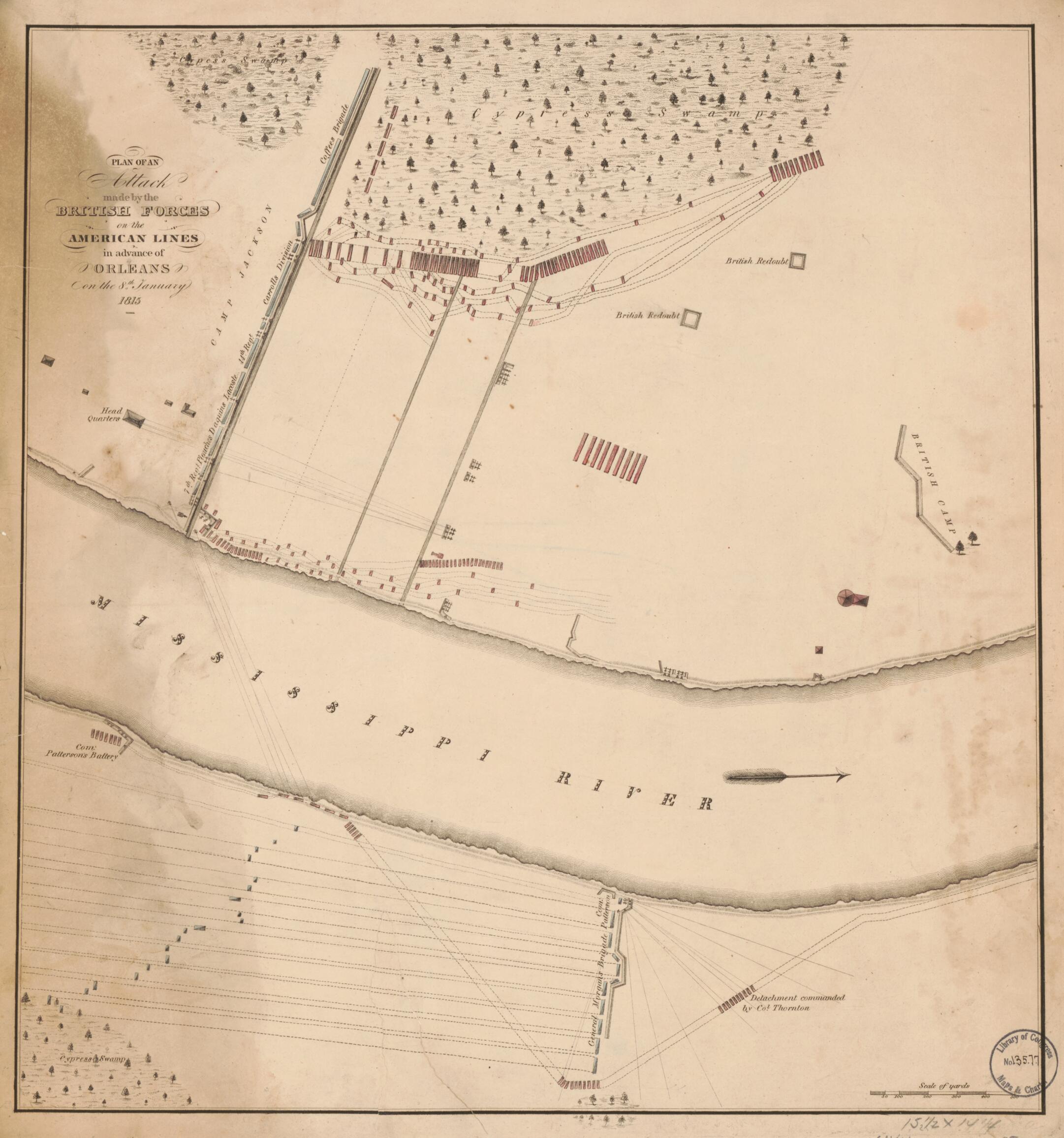 This old map of Plan of an Attack Made by the British Forces On the American Lines In Advance of Orleans On the 8th January from 1815 was created by  in 1815