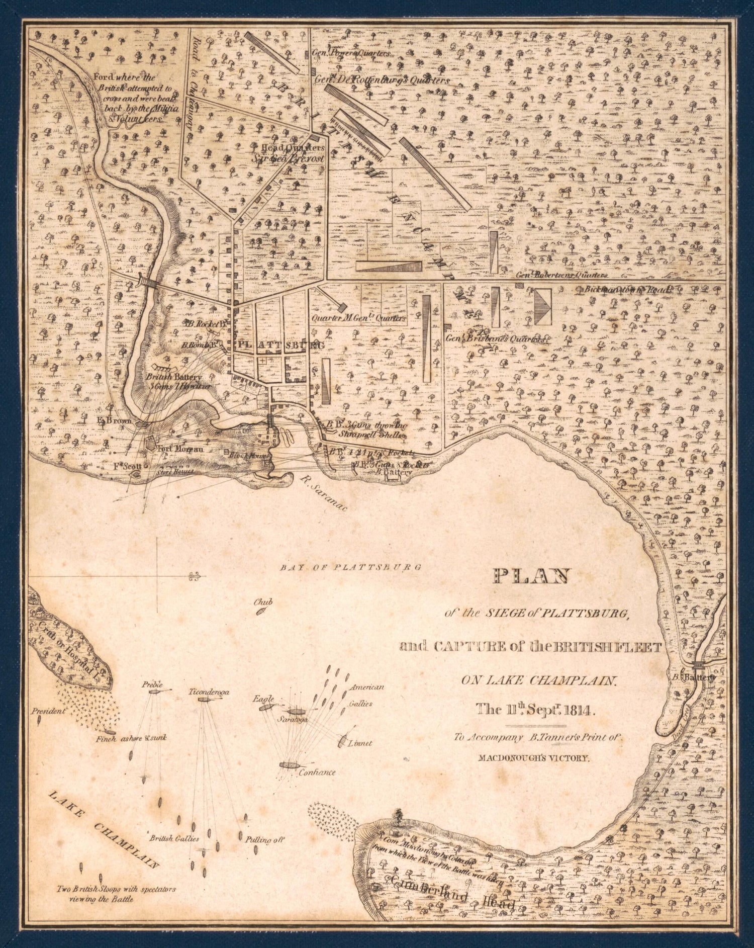 This old map of Plan of the Siege of Plattsburg and Capture of the British Fleet On Lake Champlain the 11th Sptr. from 1814 : to Accompany B. Tanner&