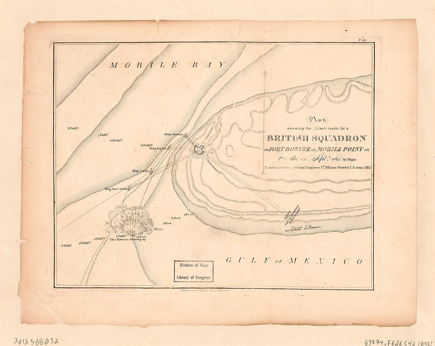 This old map of Plan Shewing the Attack Made by a British Squadron On Fort Bowyer at Mobile Point On the 15 Septr. from 1815 was created by Arsène Lacarrière Latour in 1815
