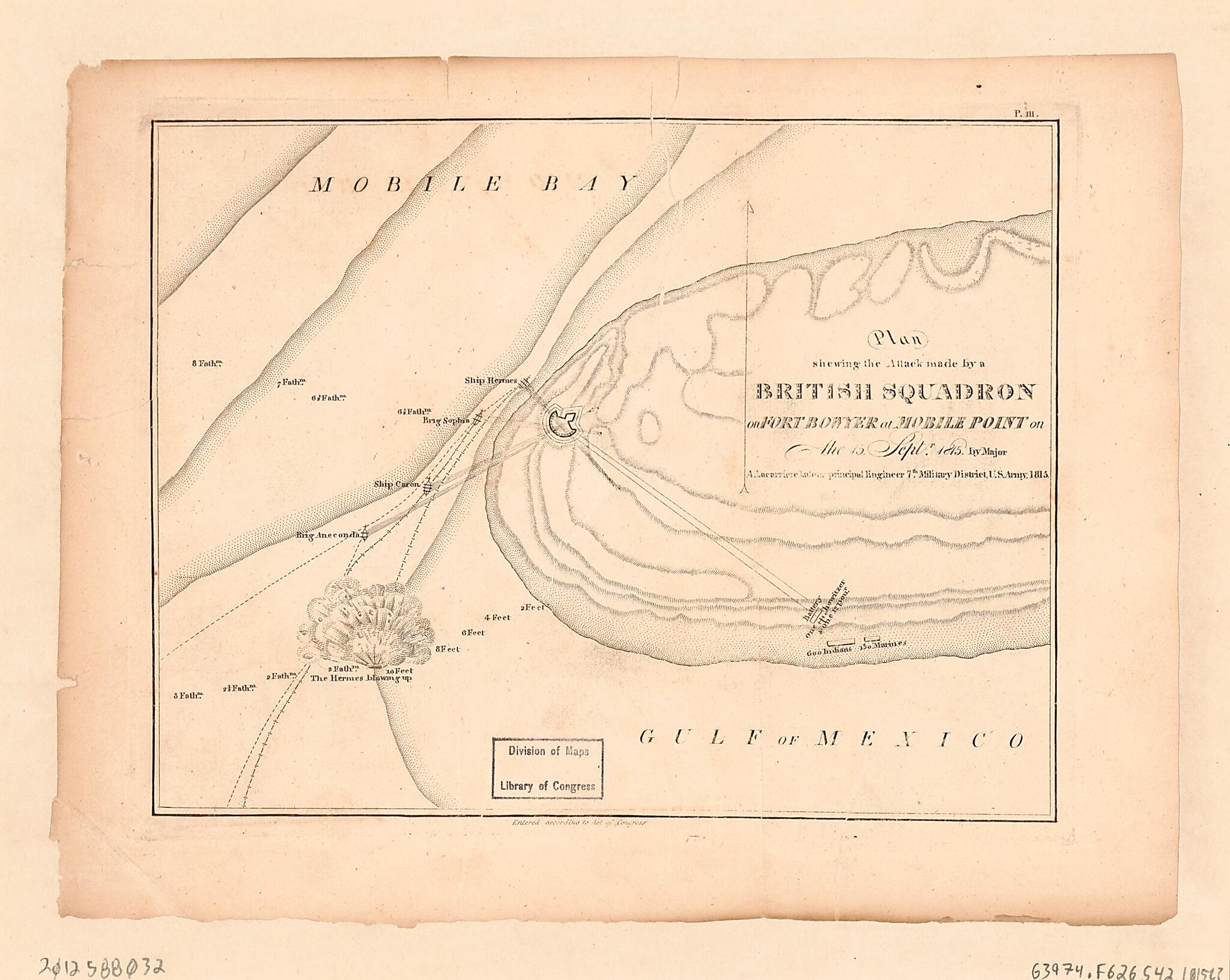 This old map of Plan Shewing the Attack Made by a British Squadron On Fort Bowyer at Mobile Point On the 15 Septr. from 1815 was created by Arsène Lacarrière Latour in 1815