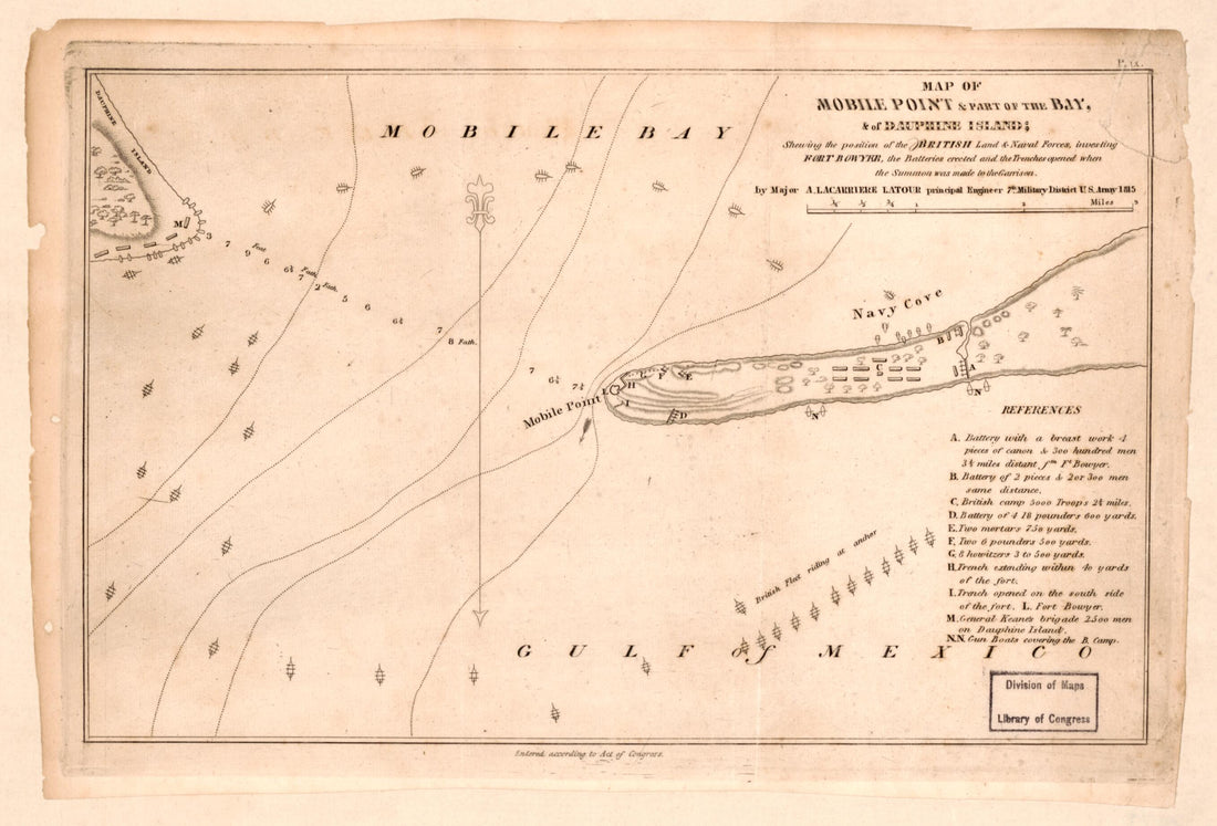 This old map of Map of Mobile Point &amp; Part of the Bay &amp; of Dauphine Island Shewing the Position of the British Land &amp; Naval Forces Investing Fort Bowyer, the Batteries Erected and the Trenches Opened When the Summon Was Made to the Garrison from 1815 was