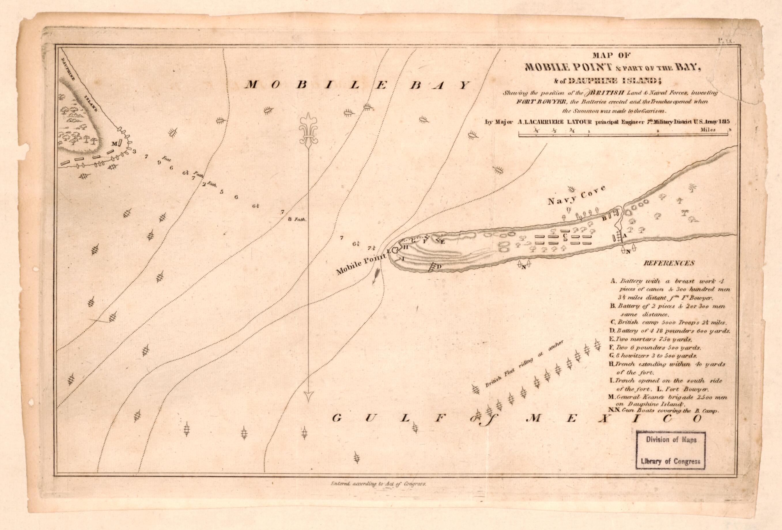 This old map of Map of Mobile Point &amp; Part of the Bay &amp; of Dauphine Island Shewing the Position of the British Land &amp; Naval Forces Investing Fort Bowyer, the Batteries Erected and the Trenches Opened When the Summon Was Made to the Garrison from 1815 was