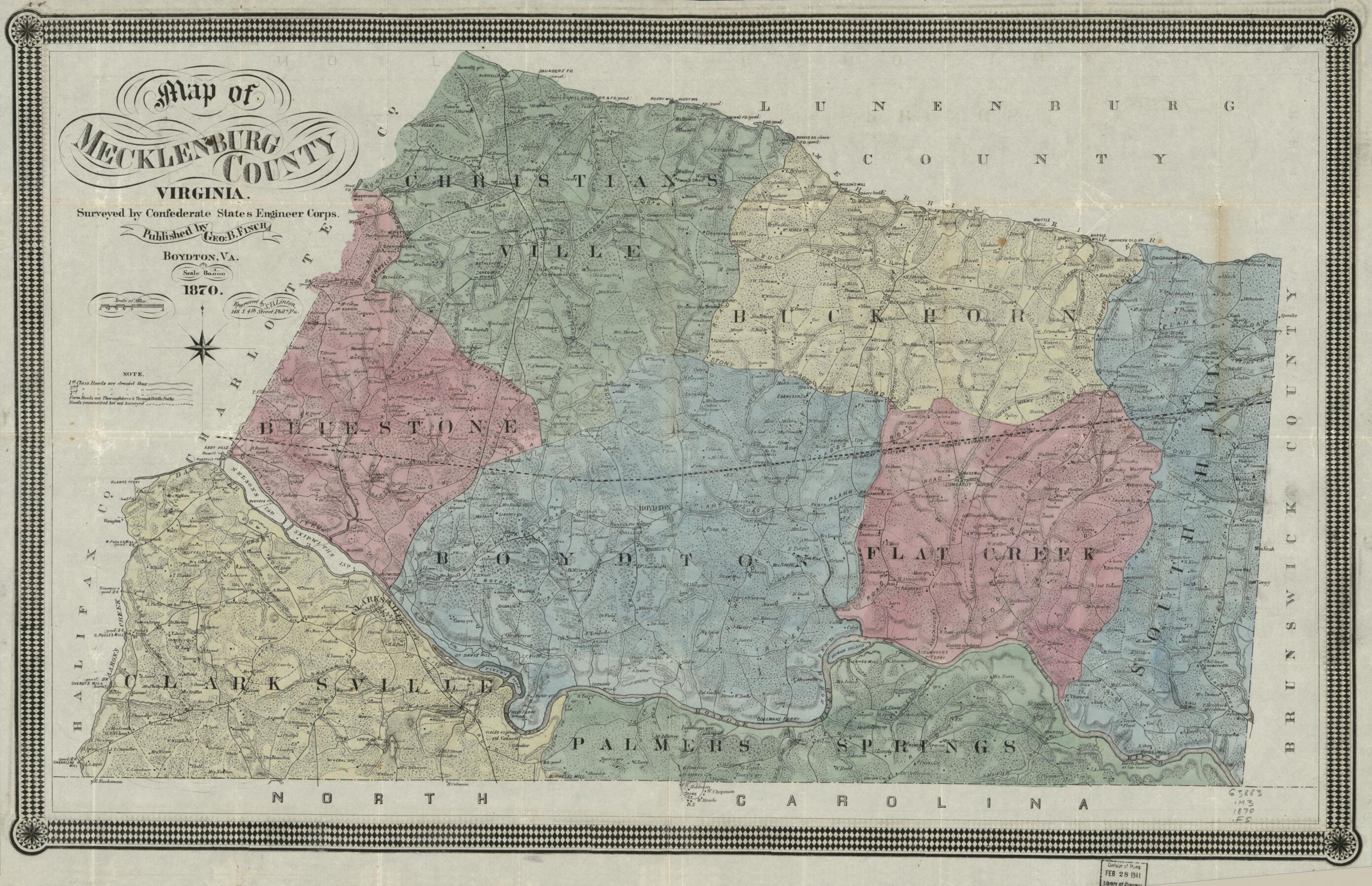 This old map of Map of Mecklenburg County, Virginia from 1870 was created by  Confederate States of America. Army. Corps of Engineers, Geo. B. Finch, S. B. Linton in 1870