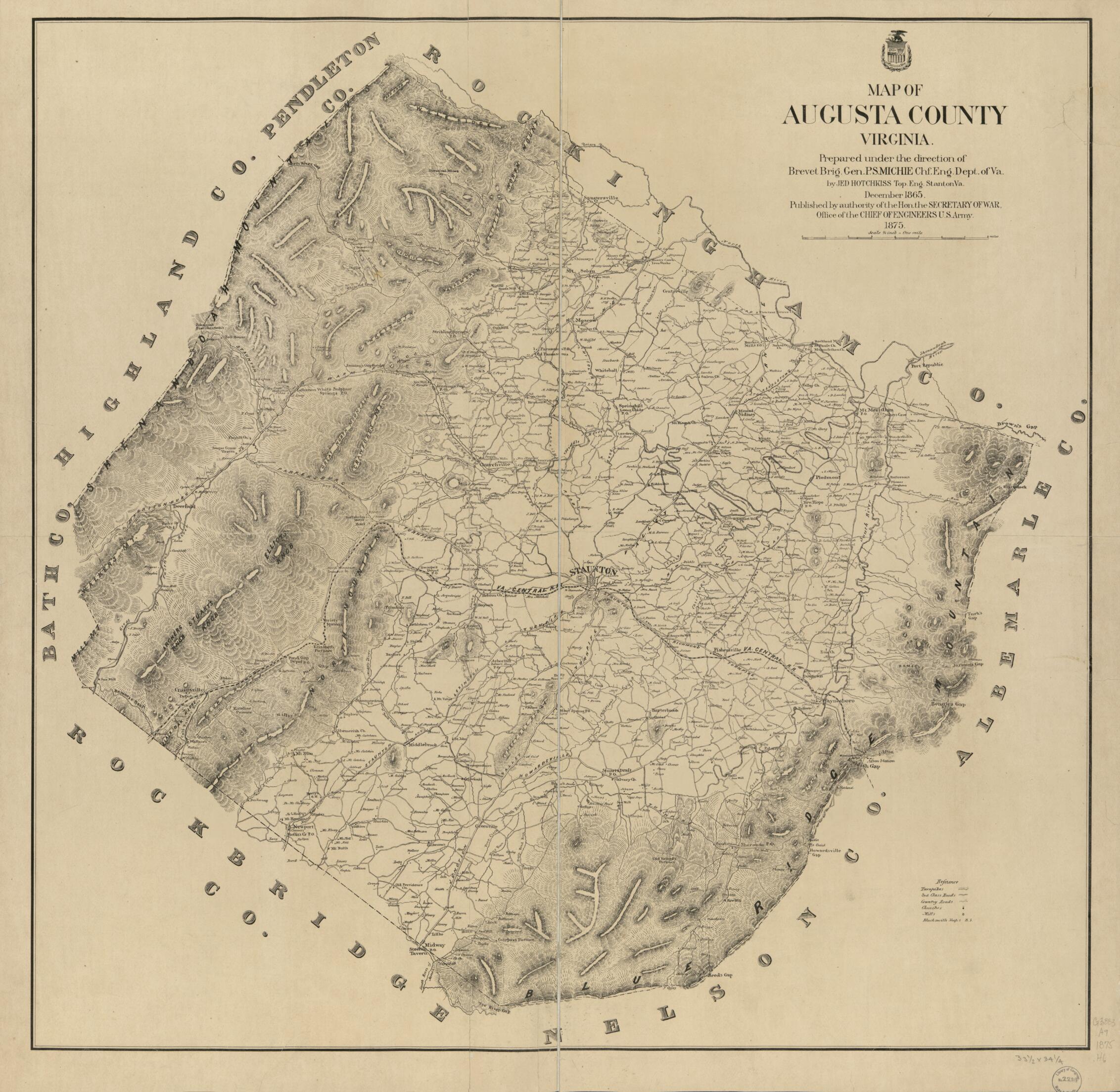 This old map of Map of Augusta County, Virginia from 1875 was created by Jedediah Hotchkiss,  United States. War Department in 1875