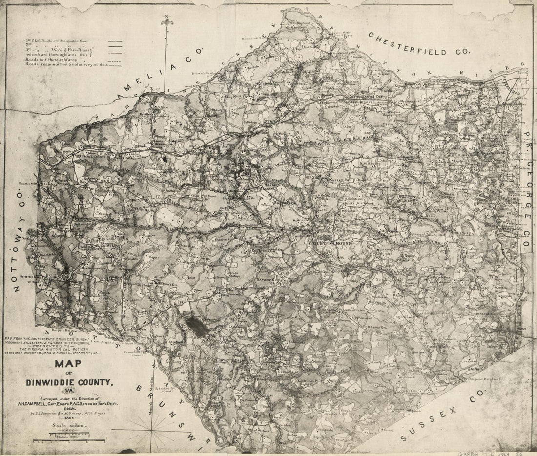 This old map of Map of Dinwiddie County, Va from 1864 was created by Albert H. (Albert Henry) Campbell,  Confederate States of America. Army. Department of Northern Virginia, Jeremy Francis Gilmer, Louisa Porter Minis, S. L. Sommers,  Virginia Historical