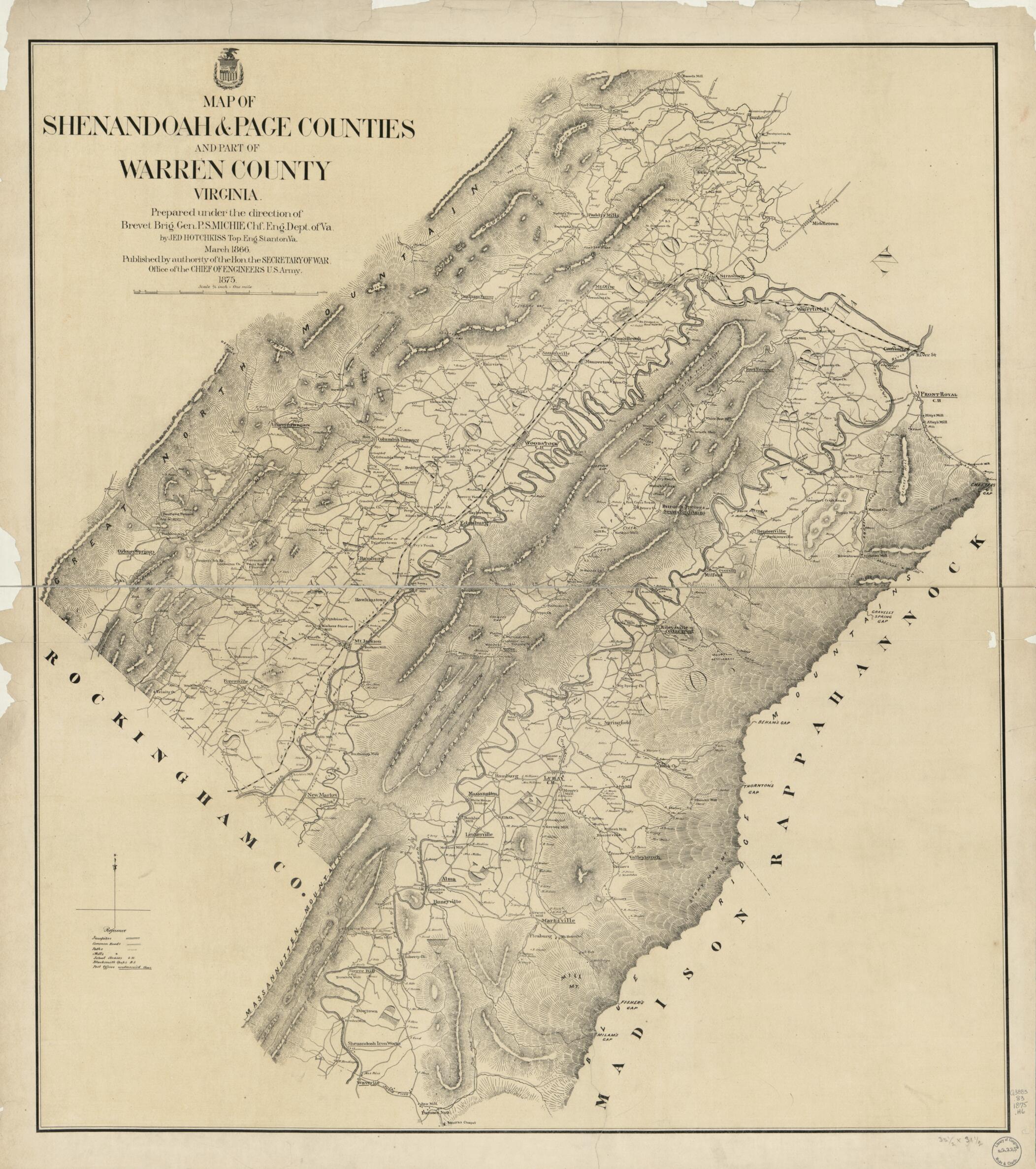 This old map of Map of Shenandoah &amp; Page Counties and Part of Warren County, Virginia (Map of Shenandoah and Page Counties and Part of Warren County, Virginia) from 1875 was created by Jedediah Hotchkiss,  United States. War Department. Office of the Chi