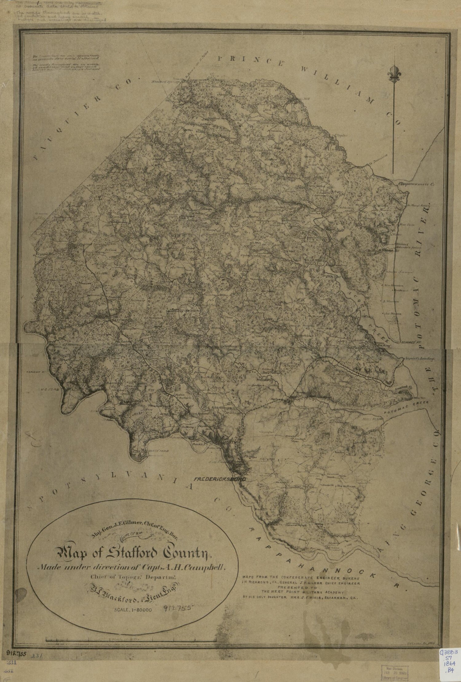 This old map of Map of Stafford County from 1864 was created by B. L. (Benjamin Lewis) Blackford, Albert H. (Albert Henry) Campbell,  Confederate States of America. Army. Department of Northern Virginia, Jeremy Francis Gilmer, Louisa Porter Minis,  Unite