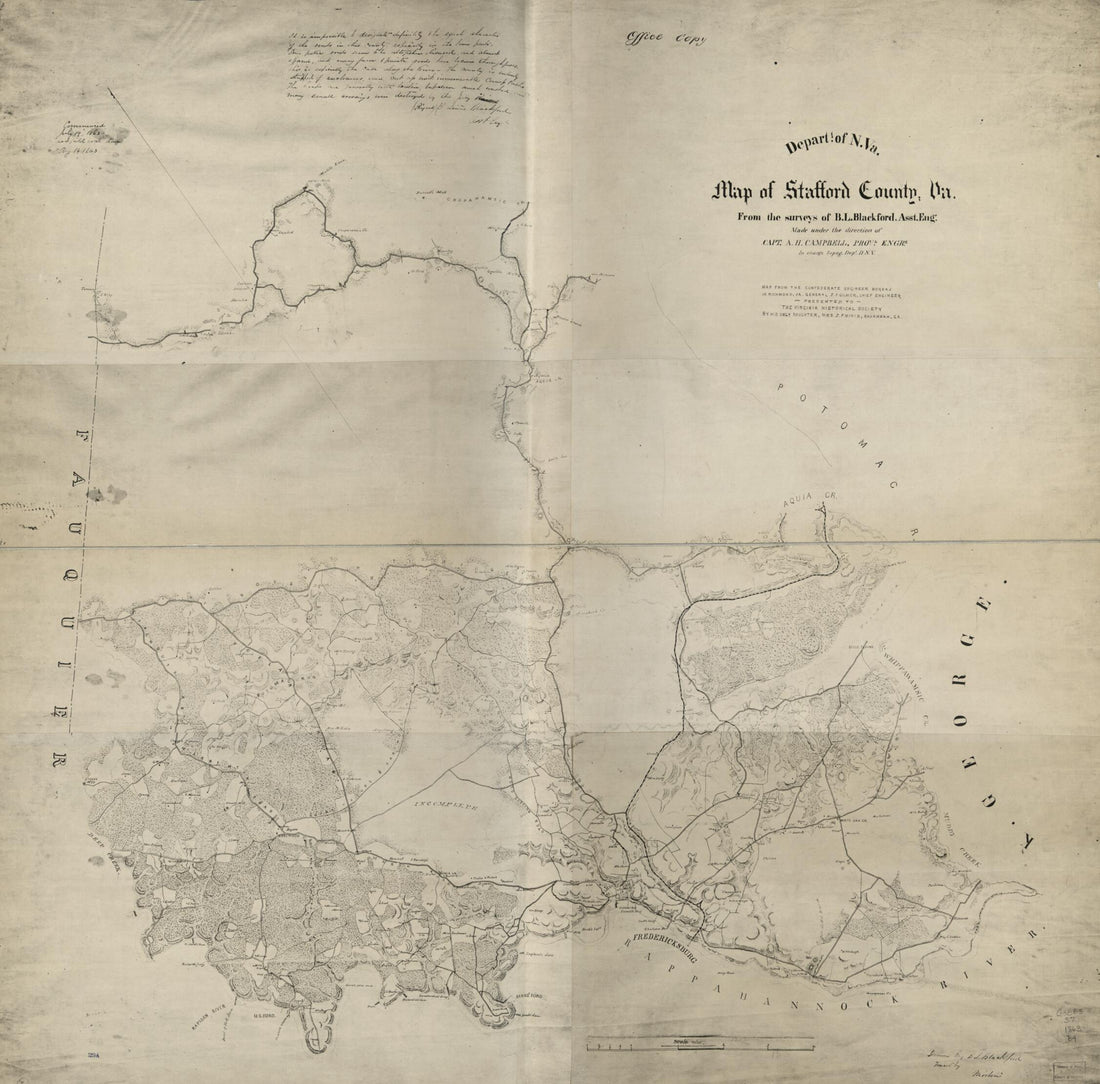 This old map of Map of Stafford County, Va (Map of Stafford County Virginia) from 1863 was created by B. L. (Benjamin Lewis) Blackford, Albert H. (Albert Henry) Campbell,  Confederate States of America. Army. Department of Northern Virginia, Jeremy Franc