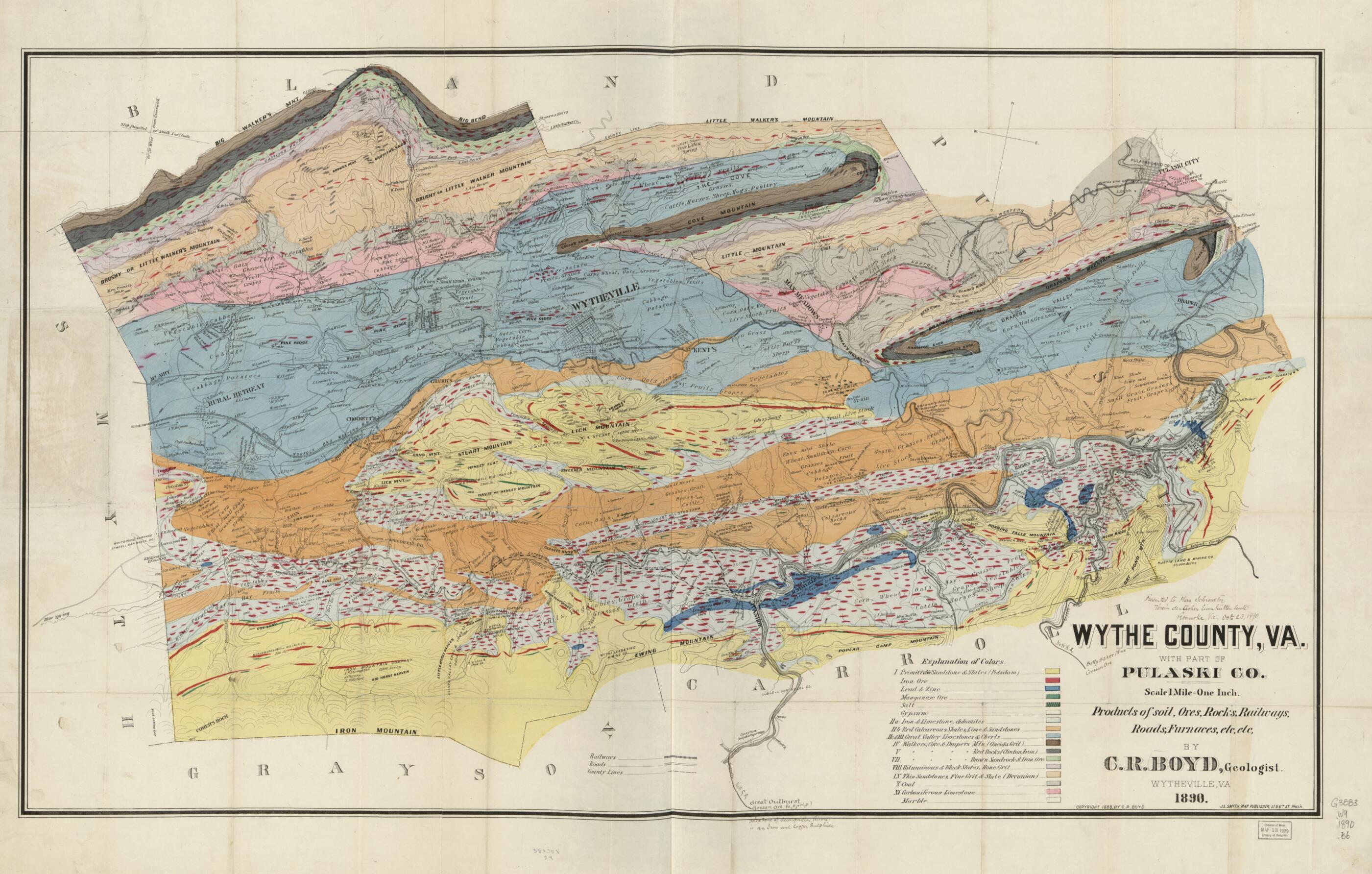 This old map of Wythe County, Va. With Part of Pulaski Co. : Products of Soil, Ores, Rocks, Railways, Roads, Furnaces, Etc., Etc. (Wythe County, Virginia With Part of Pulaski County) from 1890 was created by Charles Rufus Boyd in 1890