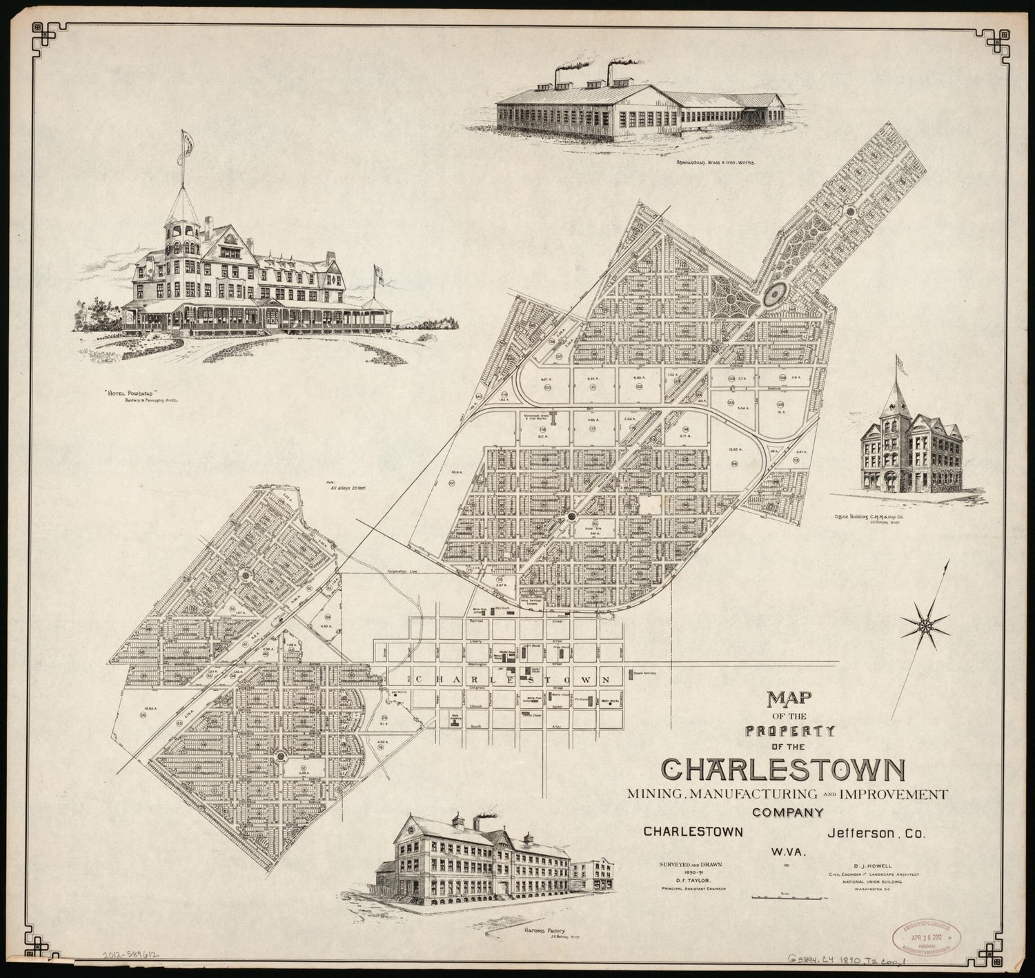 This old map of Map of the Property of the Charlestown Mining, Manufacturing and Improvement Company : Charlestown, Jefferson Co., W. VA from 1890 was created by D. J. Howell, D. F. Taylor in 1890