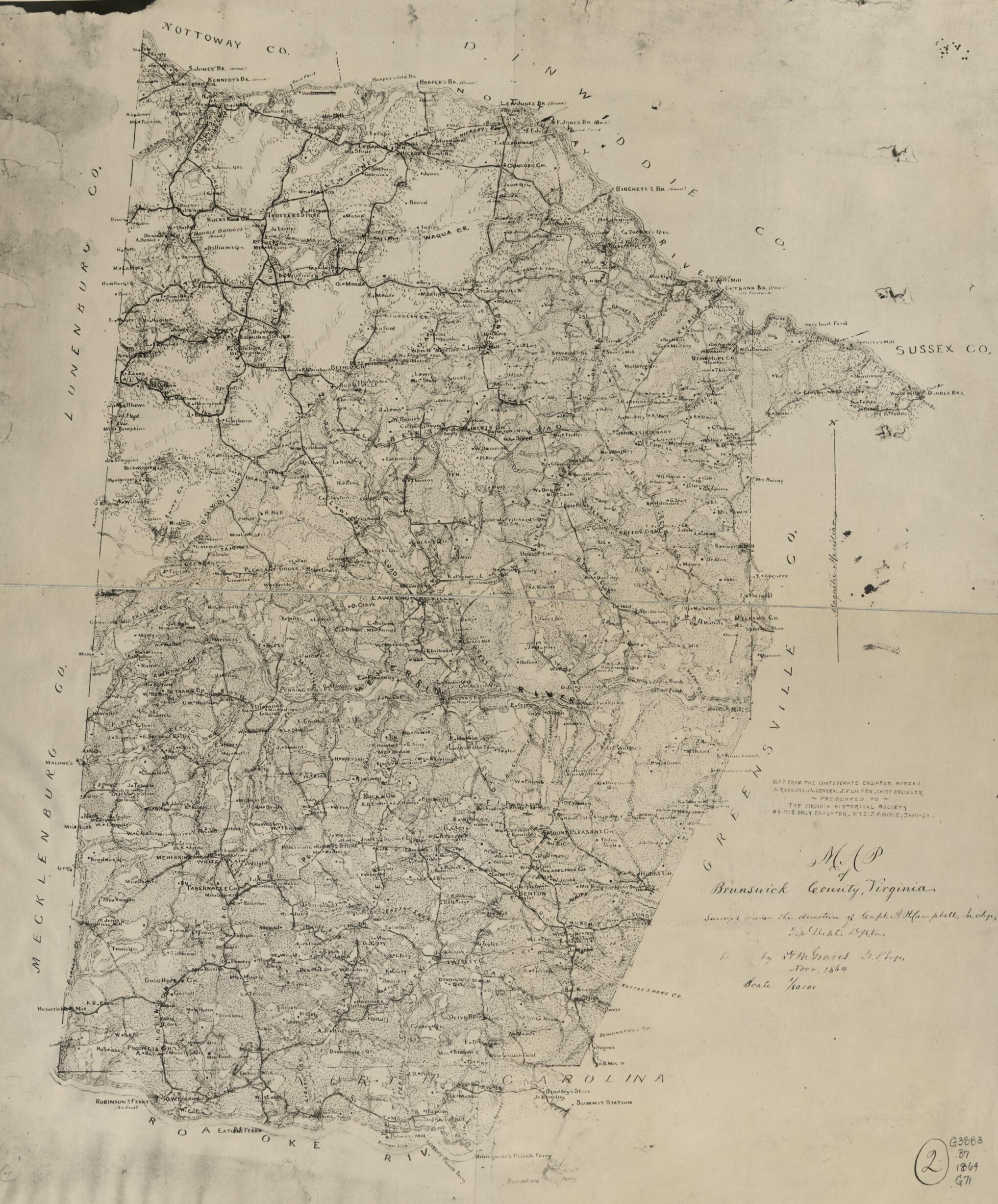 This old map of Map of Brunswick County, Virginia from 1864 was created by Albert H. (Albert Henry) Campbell,  Confederate States of America. Army. Department of Northern Virginia, Jeremy Francis Gilmer, H. M. Graves, Louisa Porter Minis,  Virginia Histo