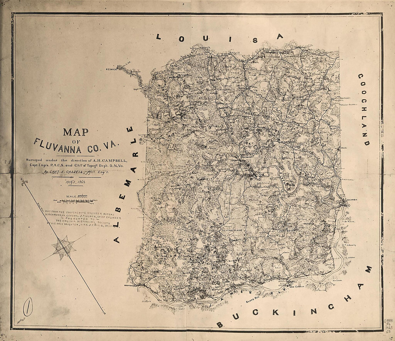 This old map of Map of Fluvanna County, Va. (Map of Fluvanna County, Virginia) from 1863 was created by Albert H. (Albert Henry) Campbell, Charles E. Cassell,  Confederate States of America. Army. Department of Northern Virginia, Jeremy Francis Gilmer, L