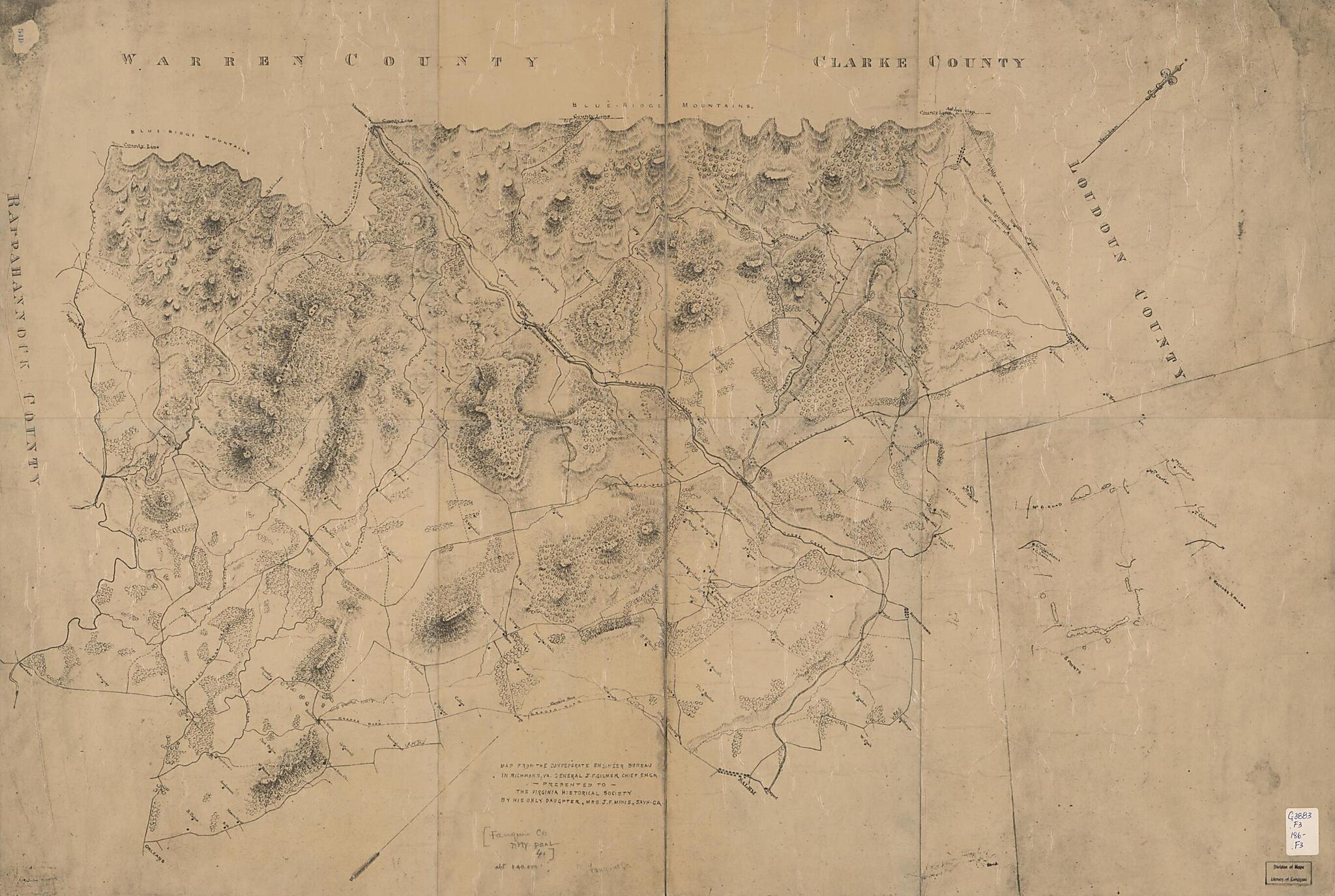 This old map of Fauquier County, Va. : Northwestern Part. (Fauquier County, Virginia) from 1860 was created by  Confederate States of America. Army. Department of Northern Virginia, Jeremy Francis Gilmer, Louisa Porter Minis,  Virginia Historical Society