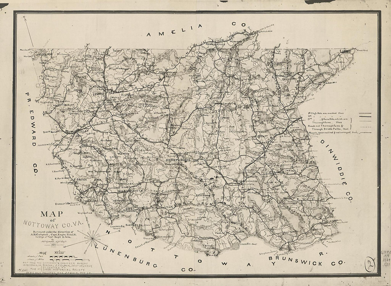 This old map of Map of Nottoway County, Va. (Map of Nottoway County, Virginia) from 1864 was created by Albert H. (Albert Henry) Campbell,  Confederate States of America. Army. Department of Northern Virginia. Chief Engineer&